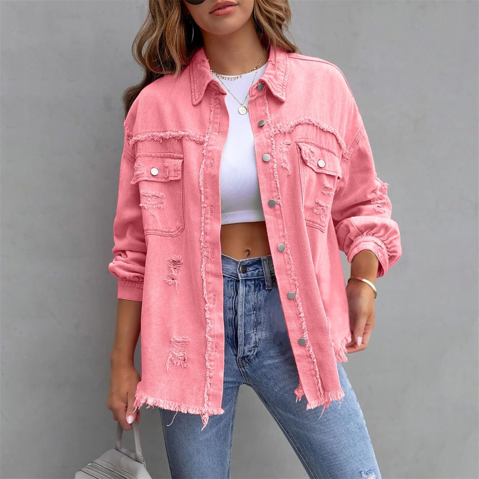 Generisch Chaqueta vaquera para mujer, de gran tamaño, manga larga, acanalada, camisa vaquera, chaqueta de entretiempo, abrigo vaquero acanalado, chaquetas de mezclilla con botones, cuello hacia abajo