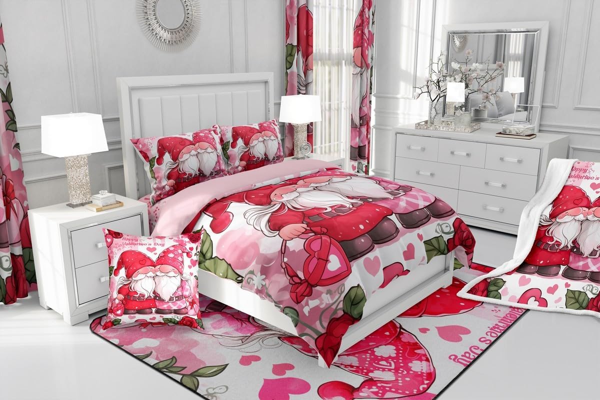 Valentine's Day Duvet Cover Set Toddler Size,Cute Lovely Gnome Romantic Floral Reversible Quilt Cover for Kids Boys Girls Red Rose Flowers Pink Heart Print Bedding Set with 1 Pillowcase,No Comforter