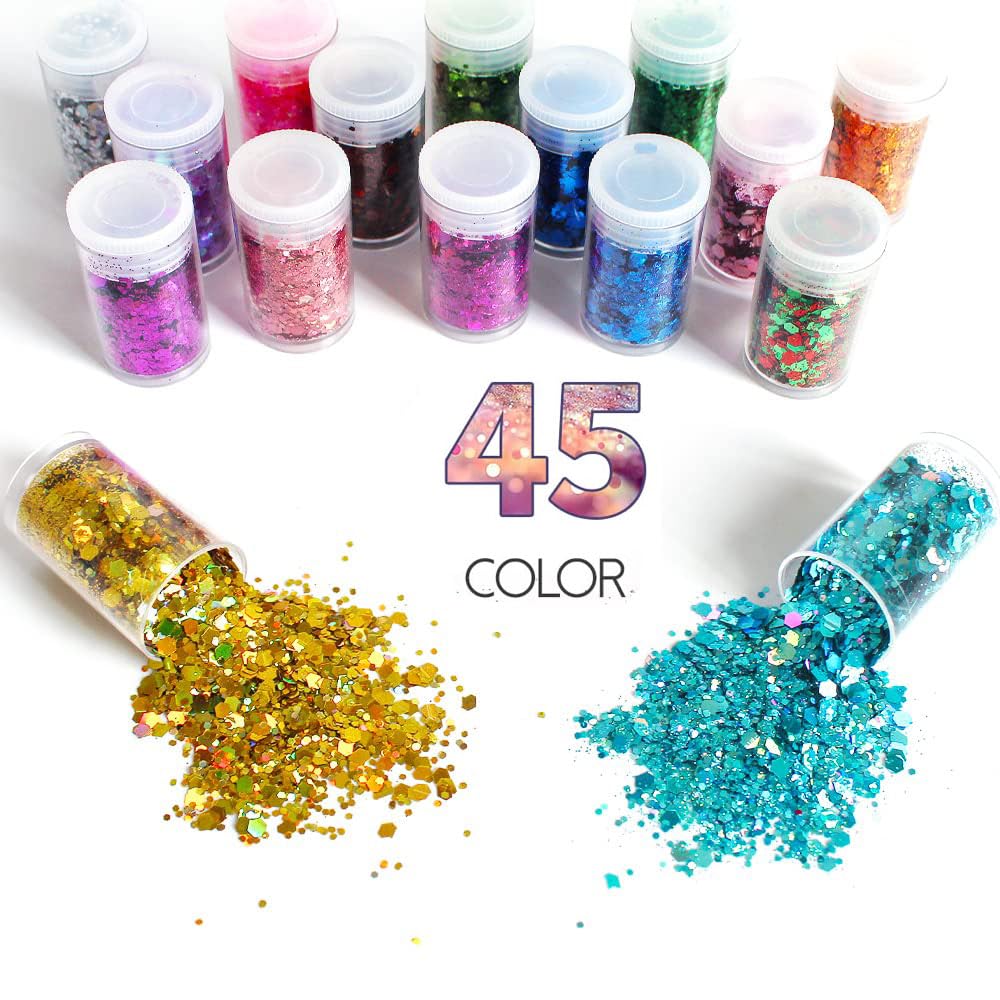 Holographic Chunky Glitter Set of 45 - Fine Craft Sparkle Sequins, Iridescent Flakes for Resin, Body, Face, Eye, Nail Arts, Slime, Tumbler, Festival - Makeup and Craft Supplies