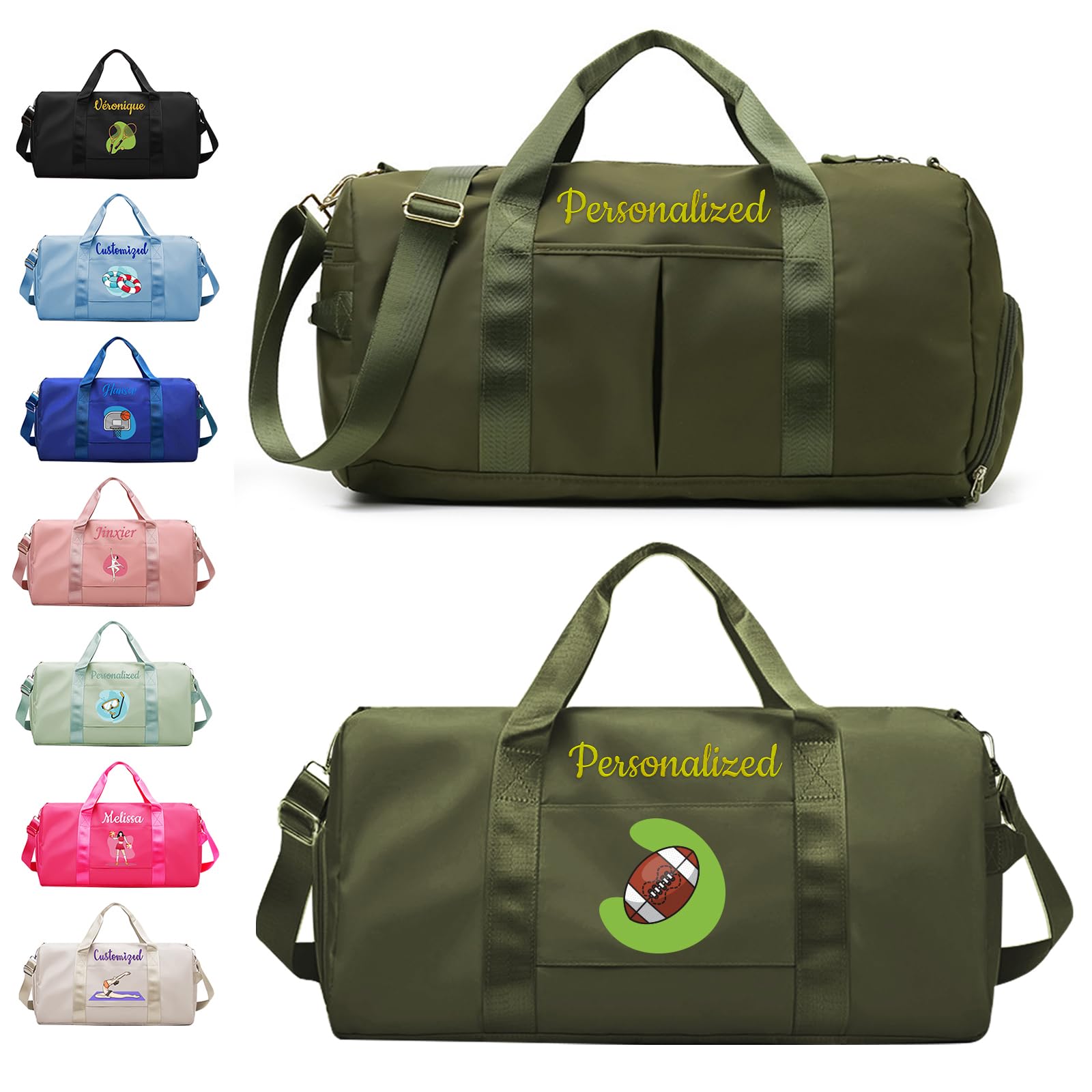 Personalized Duffle Bag with Embroidery Name/Color Print Logo, Sports Yoga Dance Gym Bag, Waterproof Dufflebag Weekend Getaway for Women Men, with Shoe and Wet Clothes Compartments-Military Green