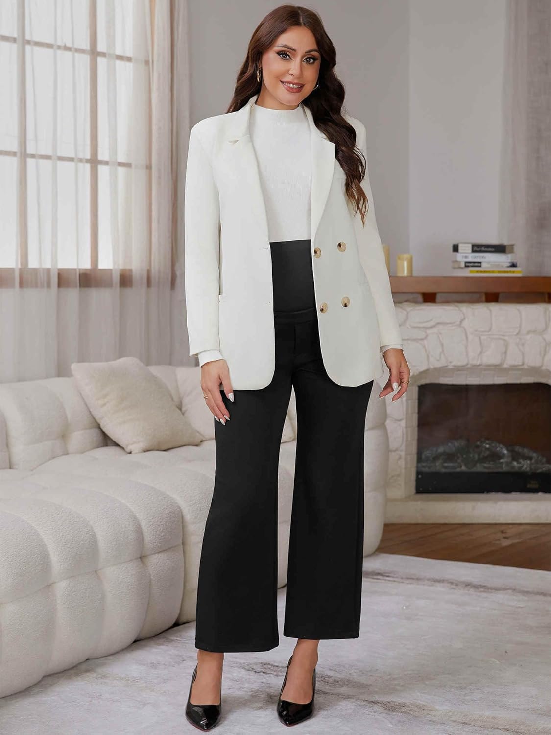 Womens Work Maternity Pants Business Straight Leg Over The Belly Office Pregnancy Trousers with Pockets - Image 4