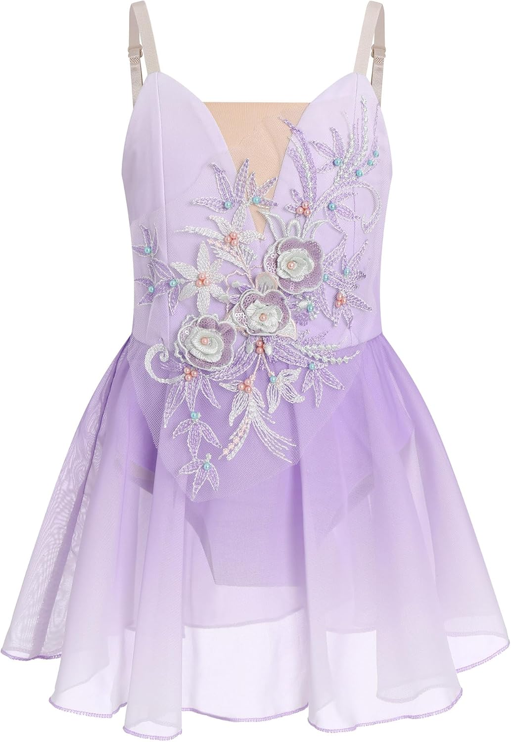 Ice Figure Skating Dress for Girls Sparkly Sequins Sheer Mesh Chiffon Ballet Dance Leotard Dress Ballerina Outfits