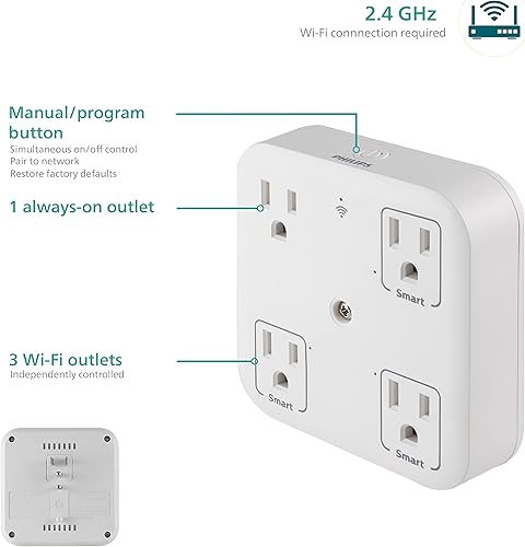 Miniatura 4 de Philips Extensor de 4 tomas, adaptador de corriente a tierra, estación de carga, sobretensión inteligente, luz indicadora Wi-Fi, compatible con