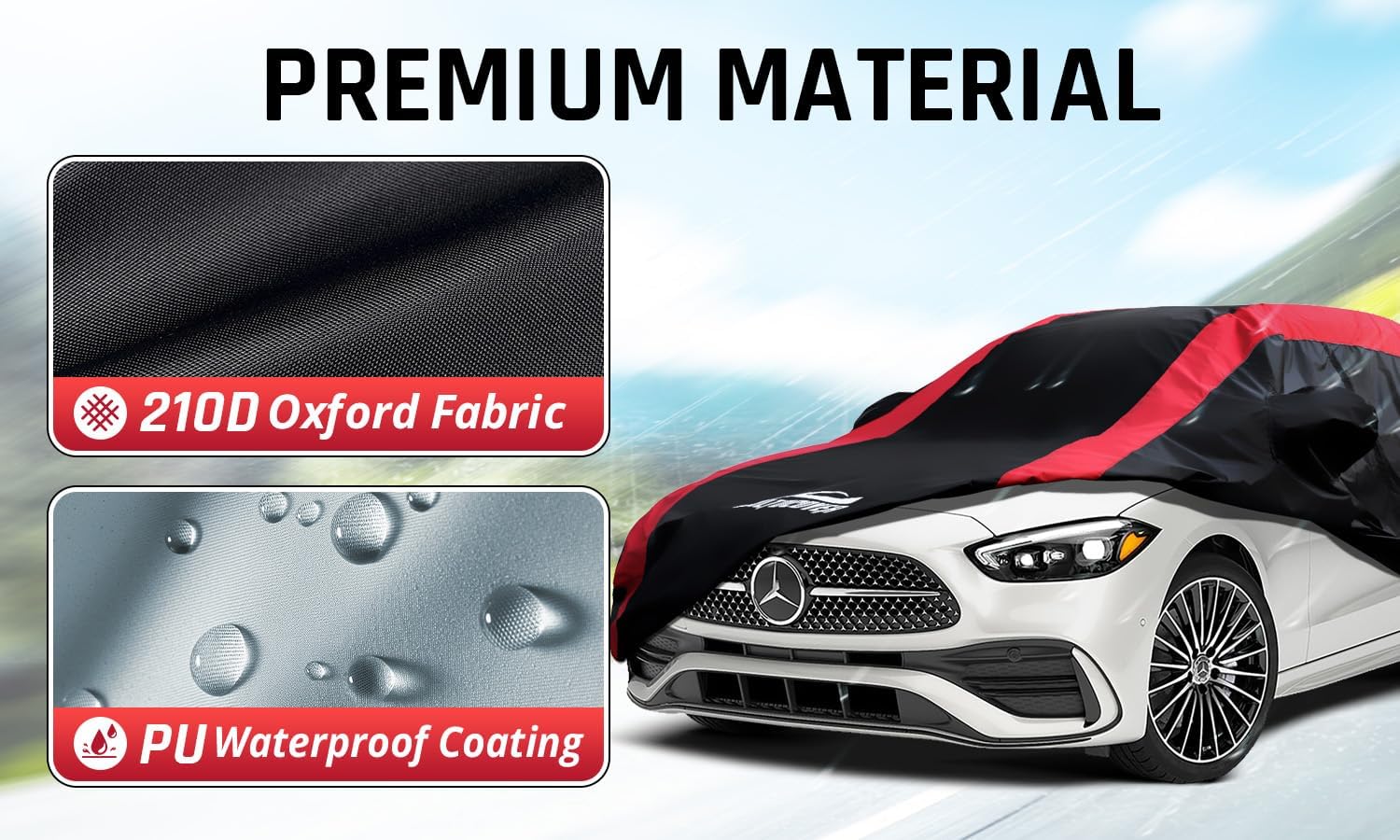 Car Cover Custom Fit for Benz C-Class 2008-2005, BMW 3 Series 2007-2025, Audi A4/S4 2010-2025, Car Cover Waterproof All Weather Outdoor Protection with Red Strip Design