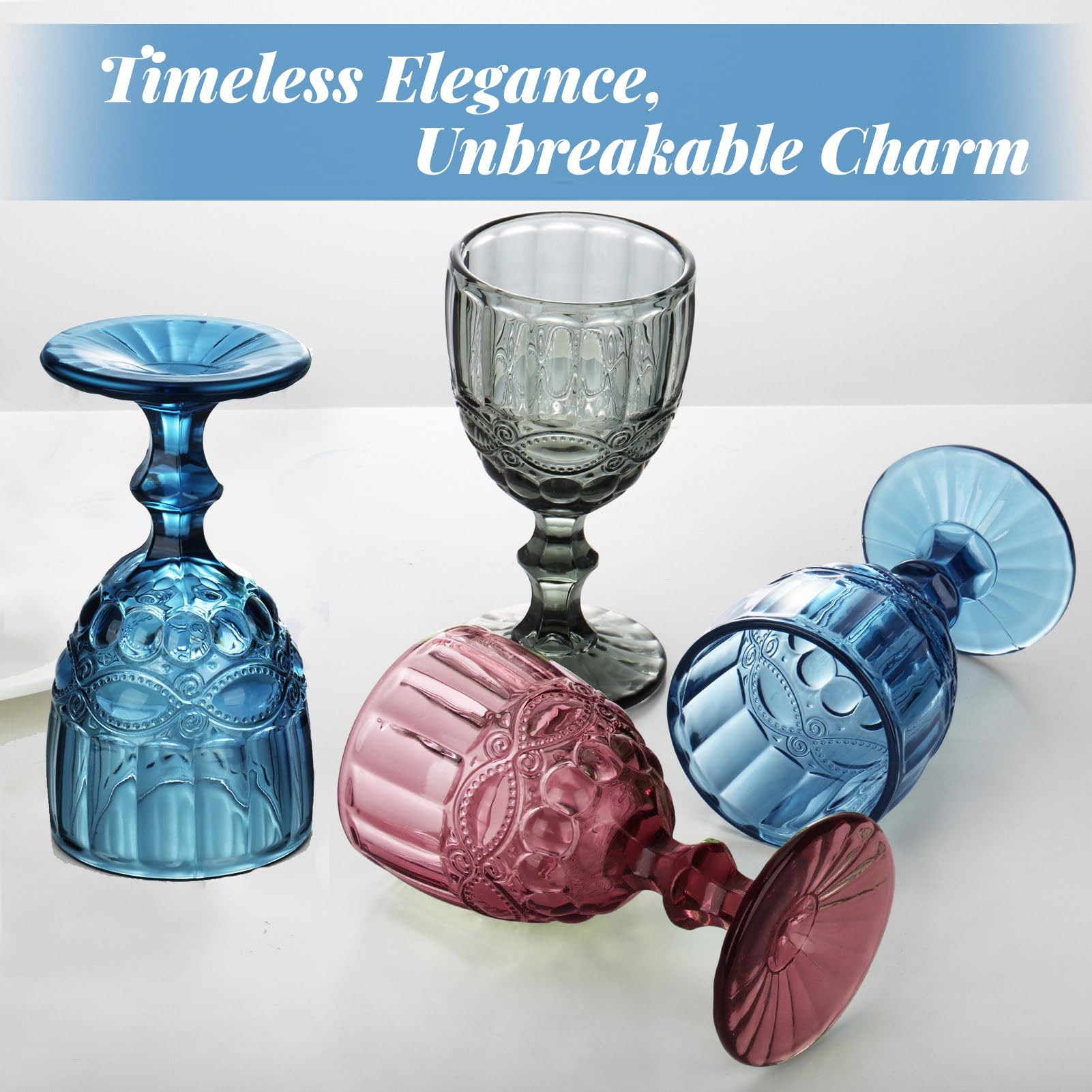Lot de 6 verres à vin rouge vintage de 300 ml - Verres à vin en cristal - Pour mariage, cocktail, maison, restaurant, fête, Noël - Bleu clair