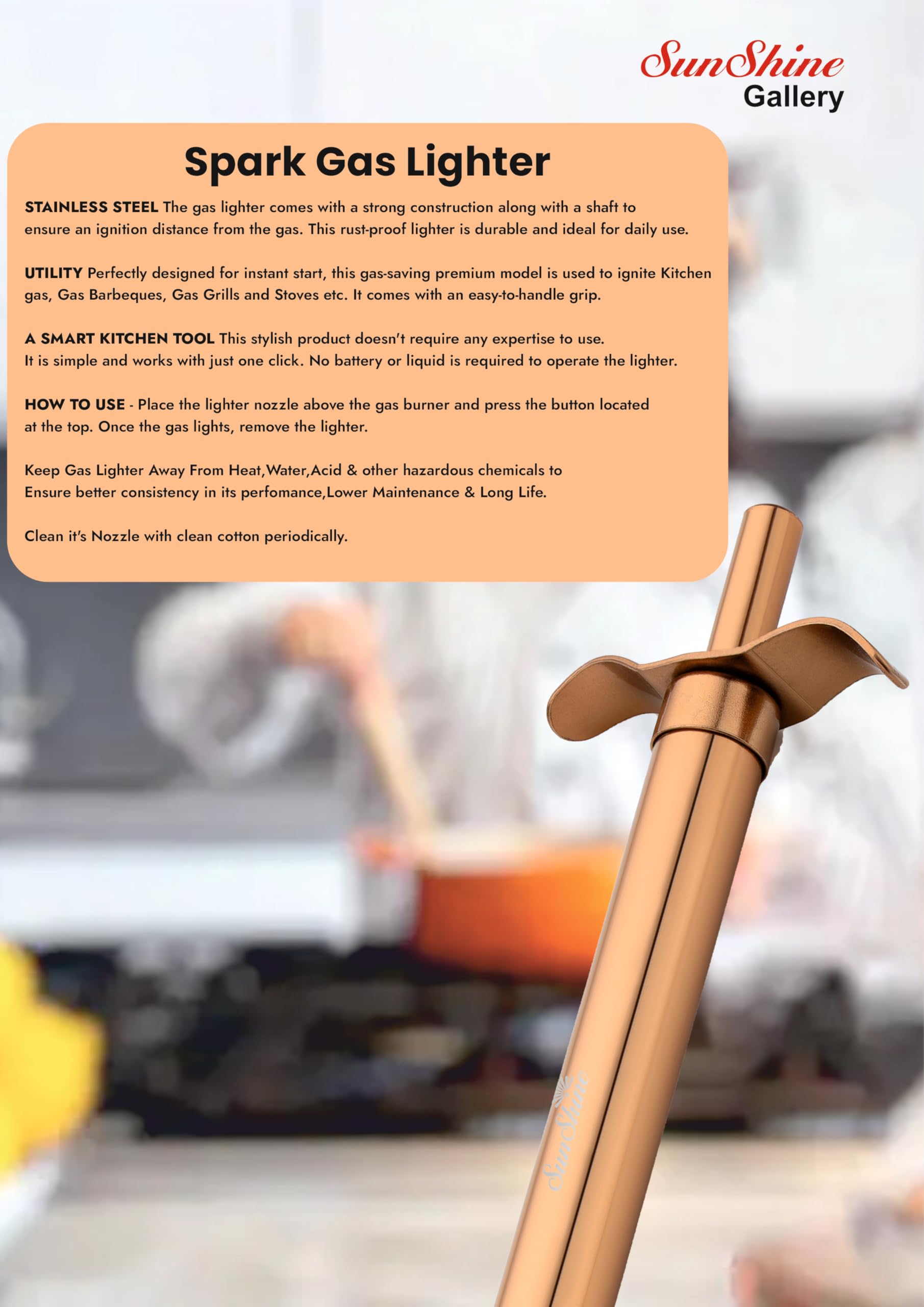 Spark Gas Lighter for Kitchen Use Restaurants Metal Gas Stove Lighter Regular Size Easy Grip Long Lasting, Rust Proof (Rose Gold, Pack of 1) — Amazon image 7