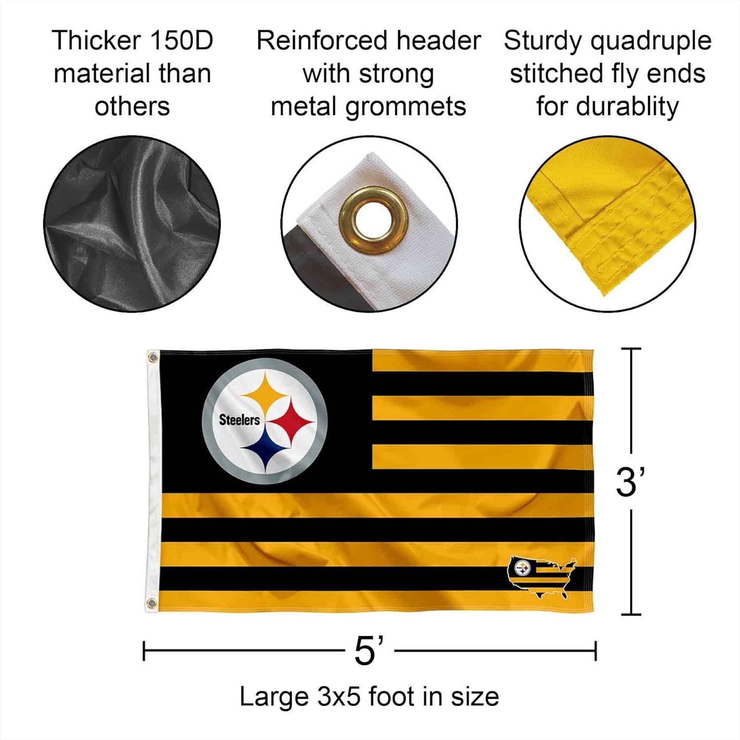 Pittsburgh Steelers USA American Nation Stripes 3x5 Grommet Flag - Image 2