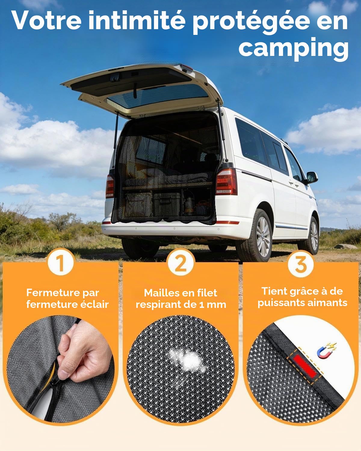 Moustiquaire pour hayon VW T5 T6, 155 x 170 cm, avec fermeture éclair et aimants pour protection solaire et protection contre la poussière, idéale pour le camping, la nuit en voiture et la