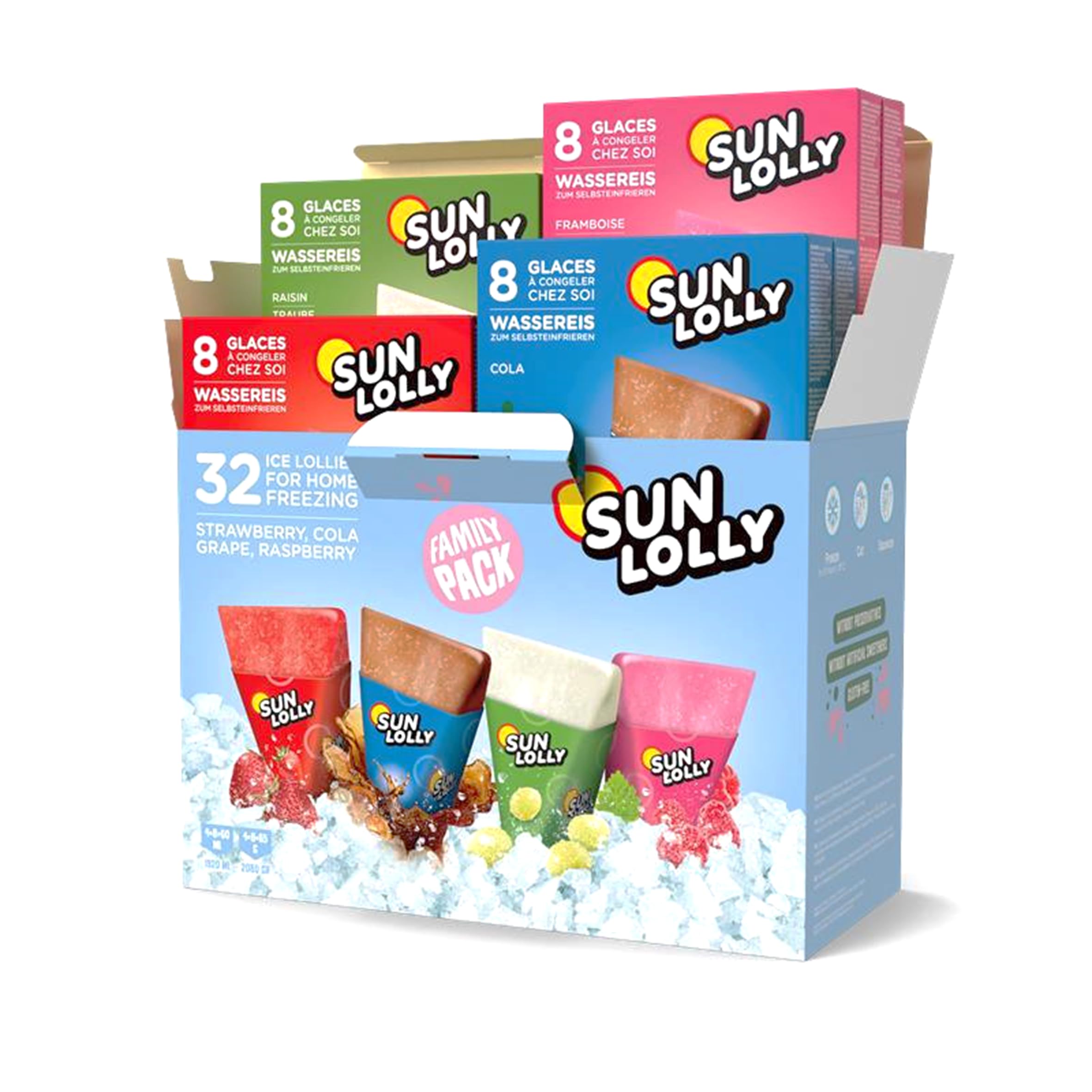 Sun Lolly Wassereis Mixbox mit 4 Sorten | Erdbeere, Cola, Weintraube, Himbeere | Mit Fruchtsaft | Zum Selbsteinfrieren | Ohne künstliche Aromen | Praktisch als Familienbox | 4 x 8 x 60ml