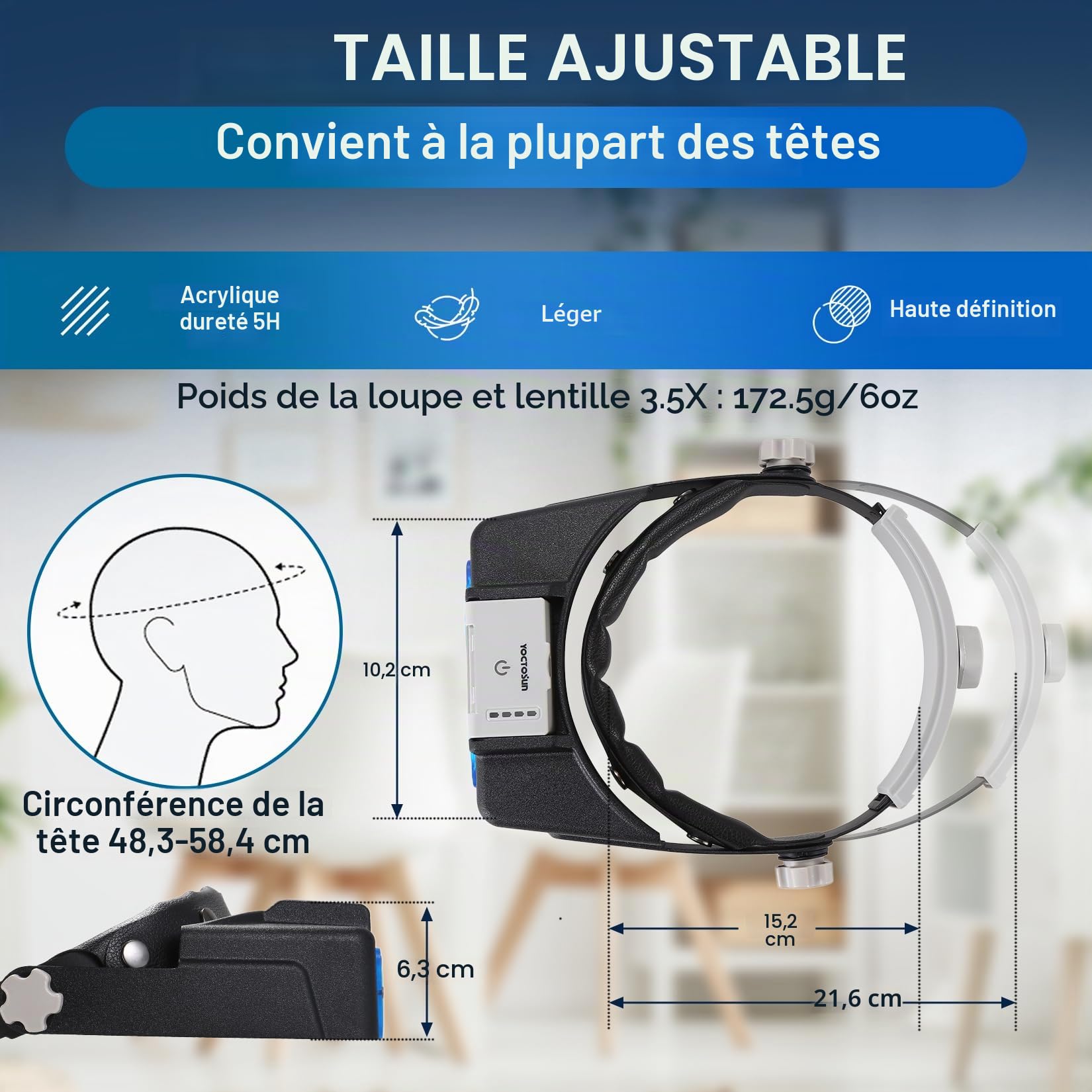 YOCTOSUN - Loupes avec lumière pour travail de près, loupe à bandeau rechargeable avec 4 verres 1,5X-3,5X, loupe mains libres avec visière pour bijoutiers, travaux manuels, loisirs