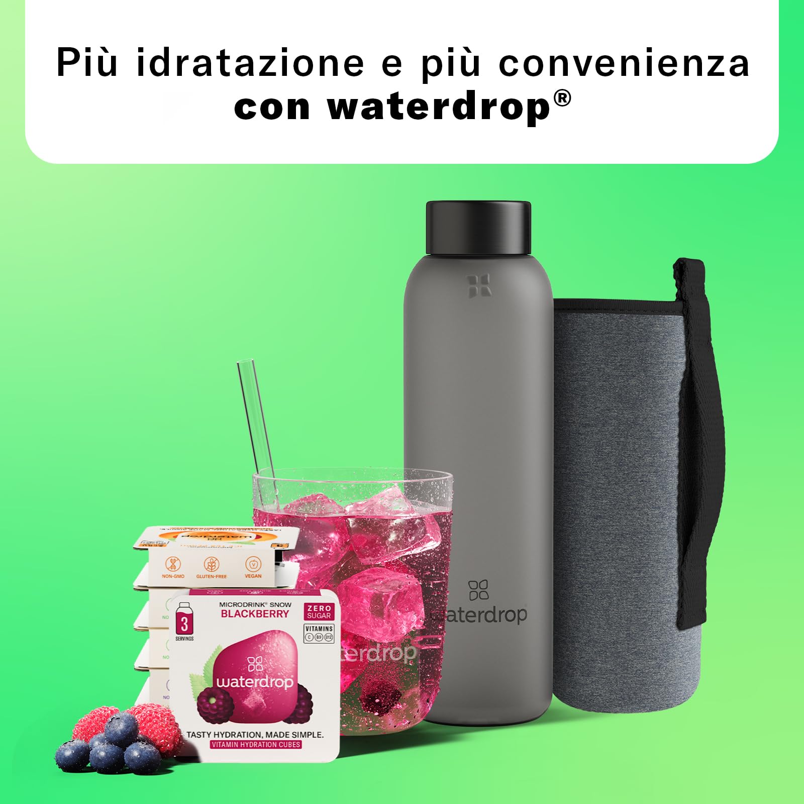 waterdrop® Bottiglie Vetro 600ml con 18 Drops senza zucchero - idee regalo donna - Pacchetto degustazione con Borraccia e 6 gusti aromatizzanti per acqua, senza zuccheri - Cofanetto regalo donna