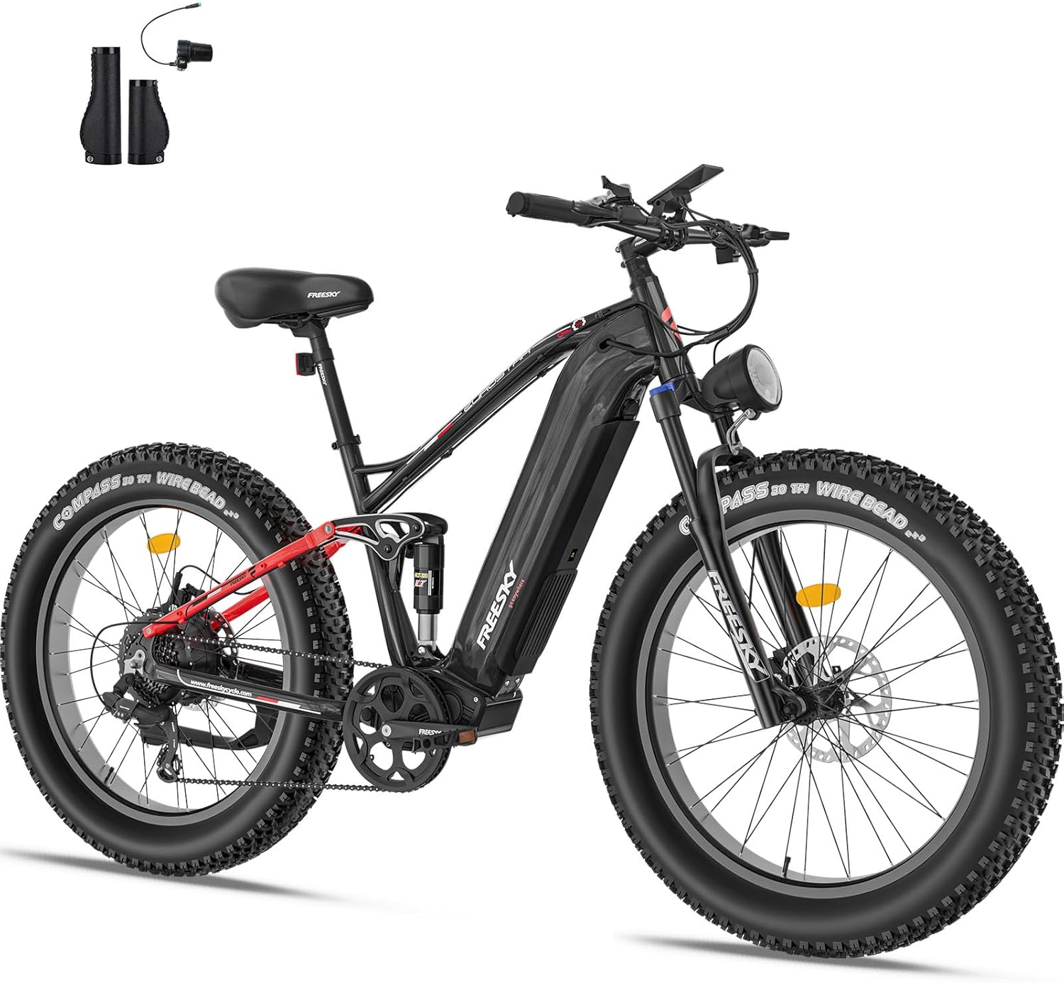 FREESKY 48V 23Ah 1500W Electrical Bike, 35MPH Full Suspension Mountain E-bike, 26″ Fats Tires Off-Street All-Terrain E Bicycle for Adults, 45-90 Miles Vary, with Sensible Keys, 7-Velocity, Hydraulic Disc Brakes