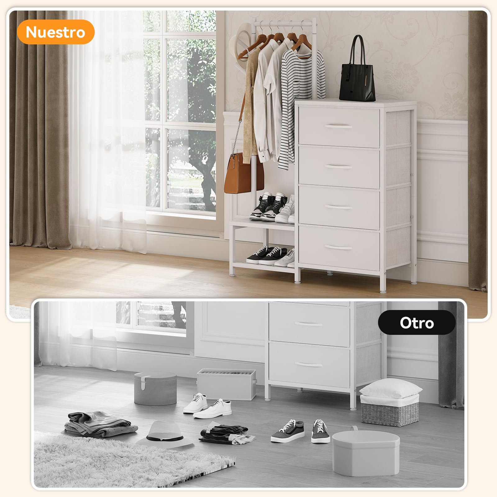 ODK Comoda Dormitorio 3 en 1, con Burro Ropa y 2 Ganchos para Abrigos, Zapatero de Doble Capa en la Parte Inferior, 4 Cajonera de Tela, Ideal para Dormitorio y Pasillo, Blanco