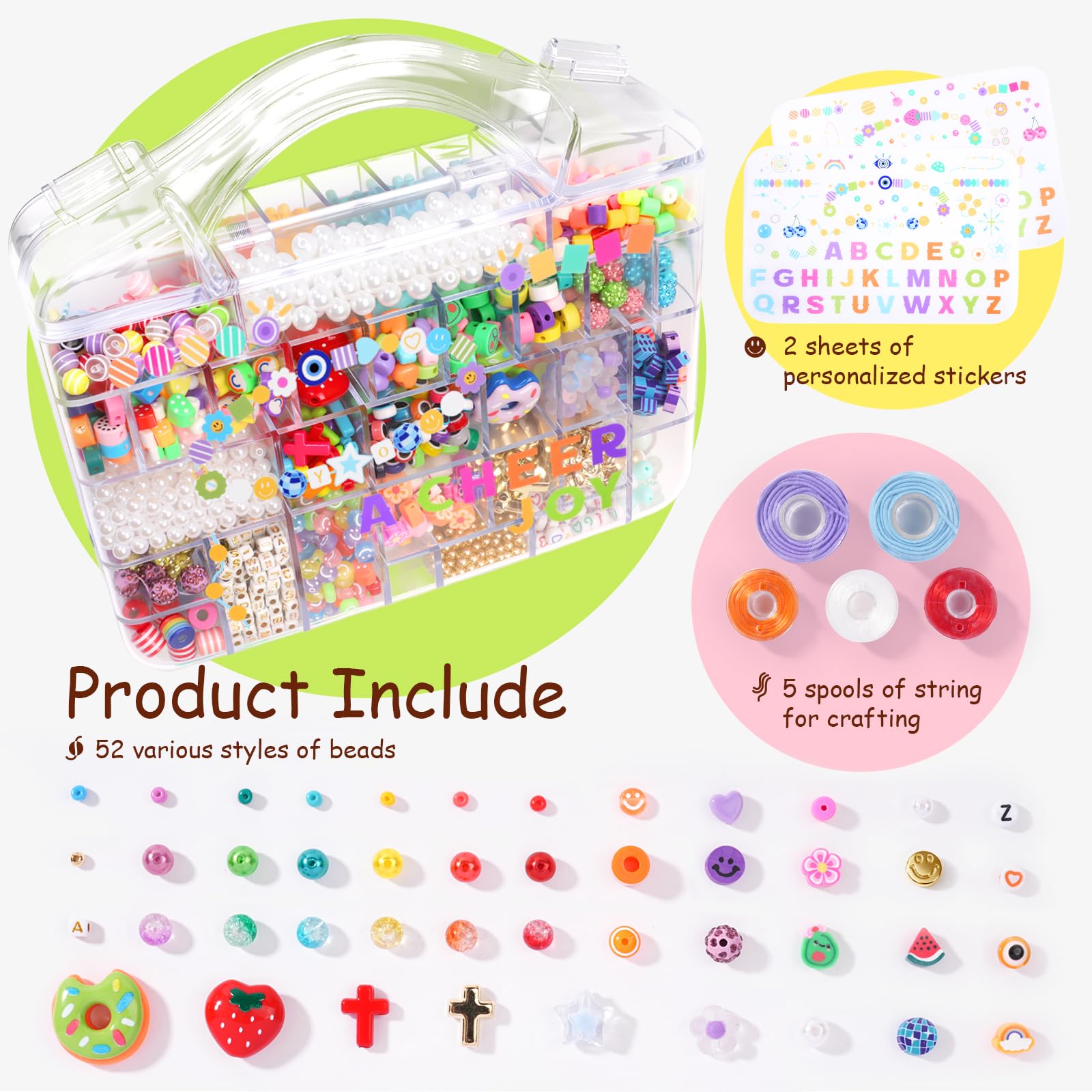 Kit per la creazione di braccialetti con oltre 2000 perline (50 tipi) – Pony, Kandi, argilla polimerica, faccina sorridente e lettere perline per la creazione di gioielli, set fai da te con