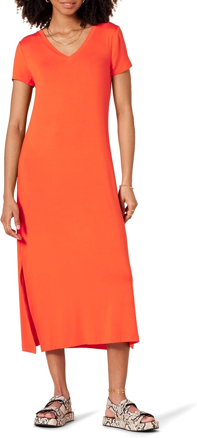 Amazon Essentials Womens Jersey V-Neck Short Sleeve Midi Length Dress