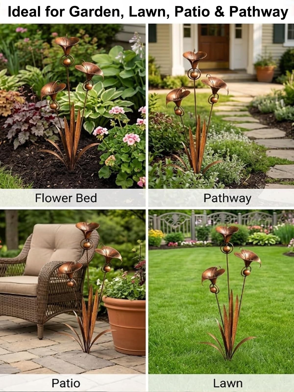 Calla-Lilien-Gartenstecker aus Metall, handgefertigt, 61 cm, groß, geflammt, Kupfer, Blumenskulptur mit beruhigenden Glocken, skurrile Outdoor-Hofkunst, rustikales Windspiel, Ornament, Geschenk (2