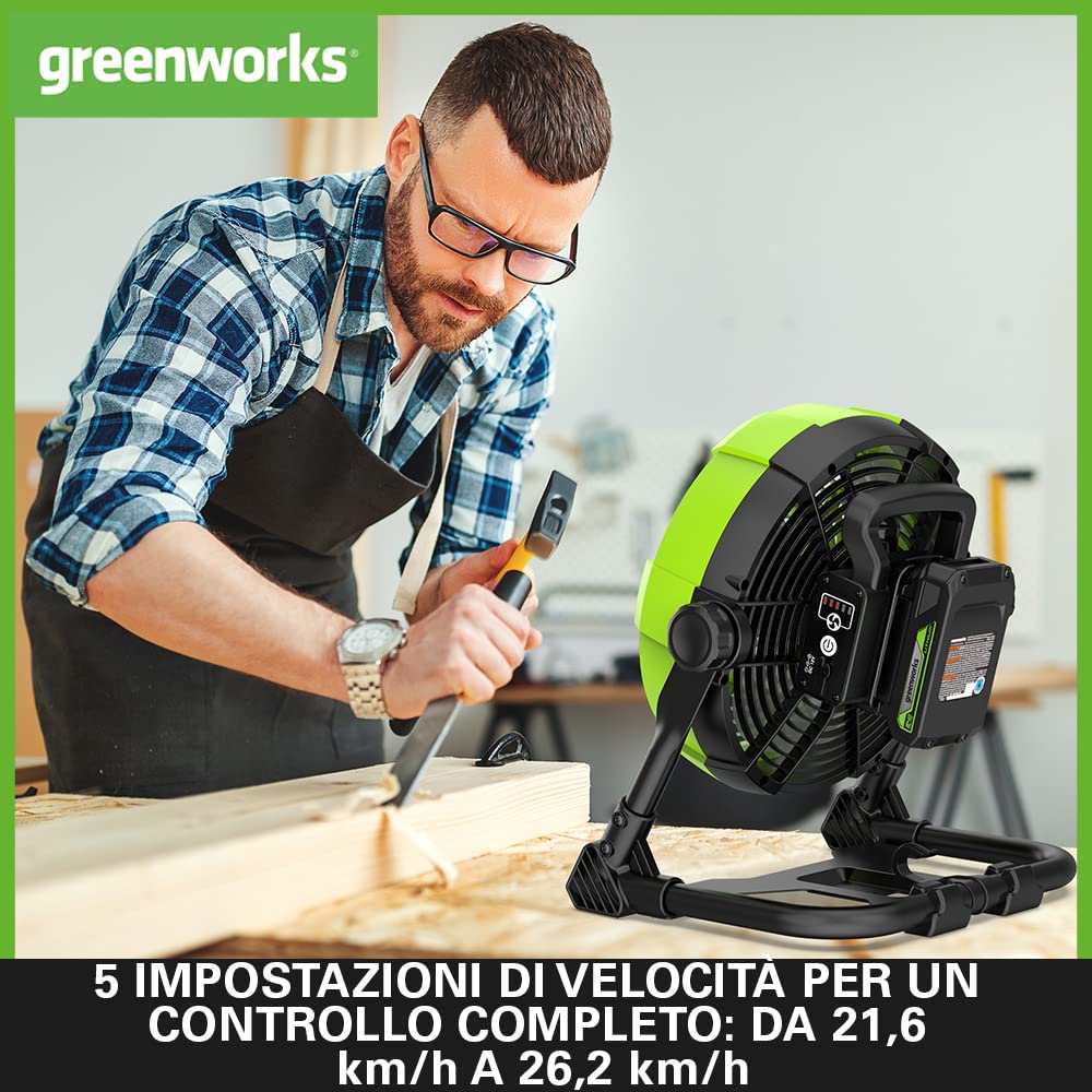 Greenworks G24FAN Ventilatore Ibrido A Batteria 24V - 25,4 Cm, 5 Velocità, Rotazione 360° - Solo Attrezzo