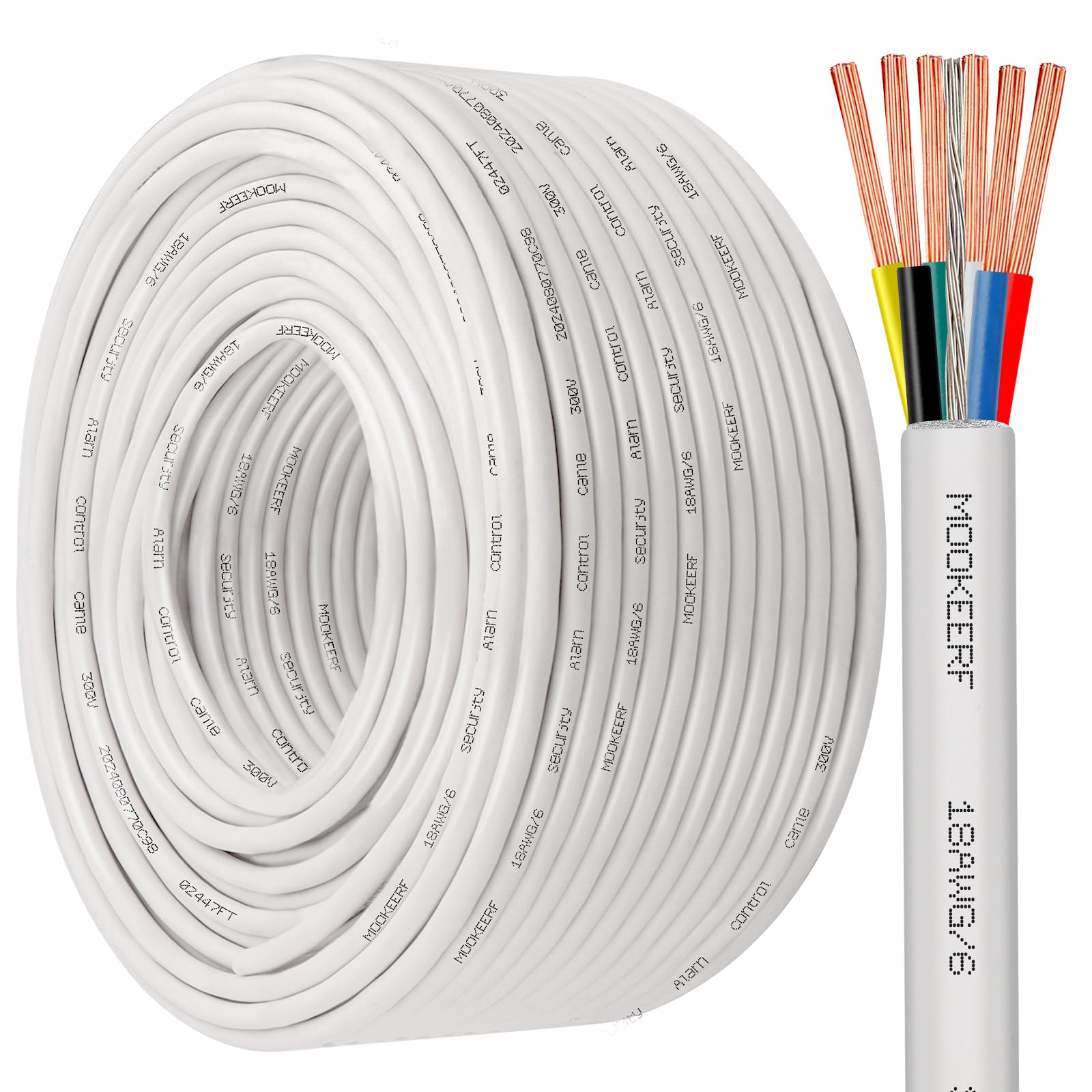 MOOKEERF 18/6 Shielded Wire 18AWG 6 Conductor 200FT Shielded Plenum Cable White CL3P Jacket Alarm Control Cable Stranded Pure Copper for Low Voltage