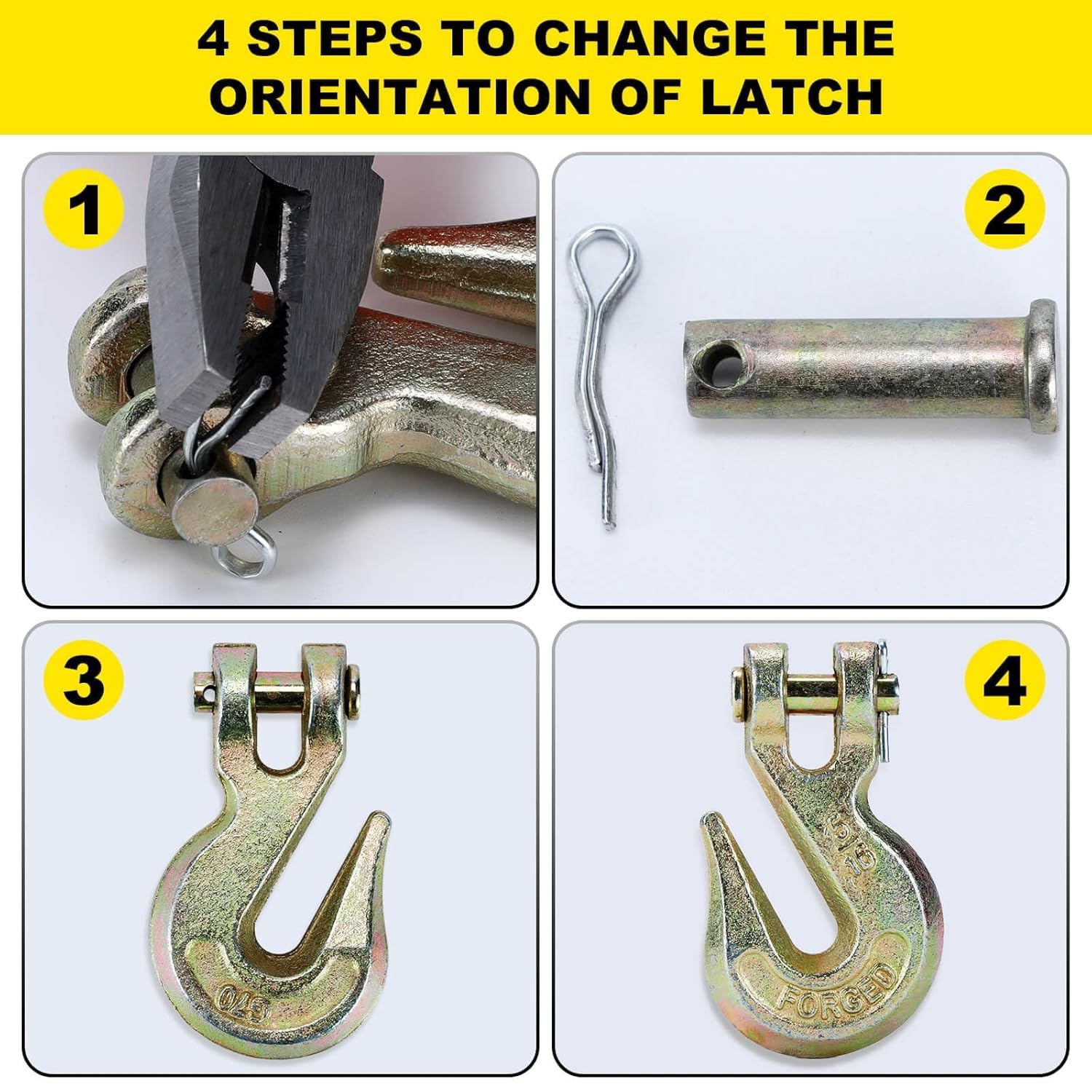 G70 5/16 Chain Hook Heavy Duty Clevis Grab Hook for 5/16 Inch Grade 70 Chain - for Trailer Truck Transport Yellow Chromate Finish (4Pack)