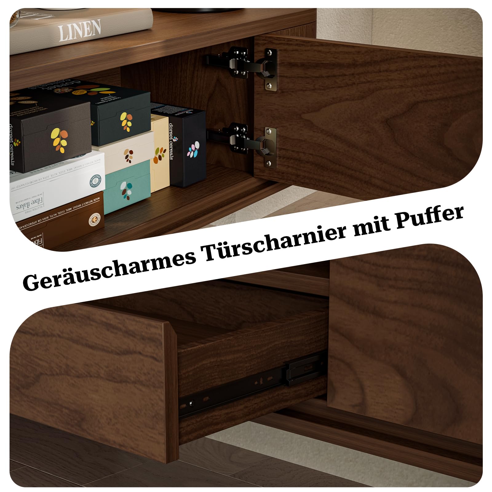 IKIFLY Moderner Schwebender TV-Schrank, Wandmontiertes Unterhaltungsmöbel Mit Schubladen und Zwei Schränken, Walnuss,180cm
