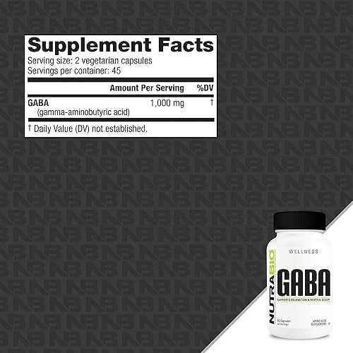 Miniatura 2 de NutraBio Suplemento GABA 100% puro (ácido gamma-aminobutírico), 500 mg, puede ayudar con un sueño saludable y relajación, 90 cápsulas
