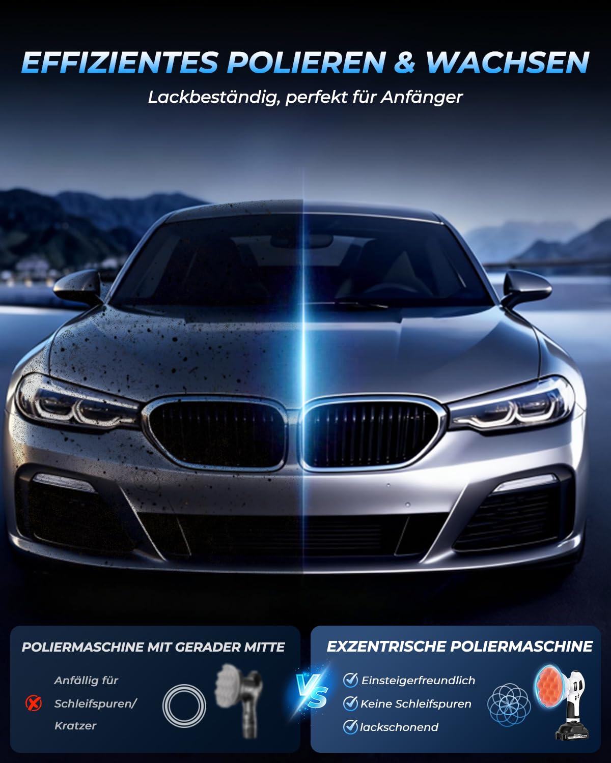 SOARFLY Poliermaschine Auto Akku, Exzenter Poliermaschine Akku mit 2x2.0Ah 21V Batterie, 6 variable Geschwindigkeiten, 3200–6600 U/min, für die Autodetailing, Scheinwerfer Aufbereitung