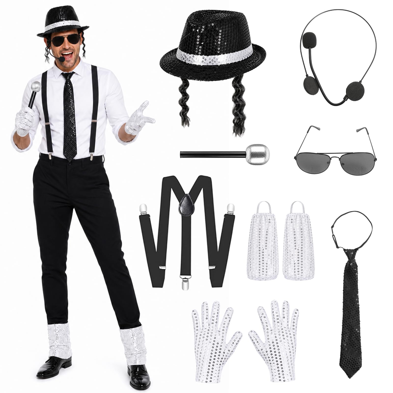 8Pcs Pop King Adult Costume Accessories Set,80s Cosplay Dance Star Kit