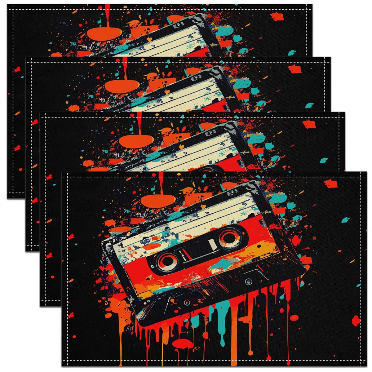 Magnetic Tape Table Place Mats, 45x30cm Placemats Set of 4 Soft Tie Dye Tape Placemat for Kitchen Dining Table Indoor Outdoor Musical Popstar Party Decorative