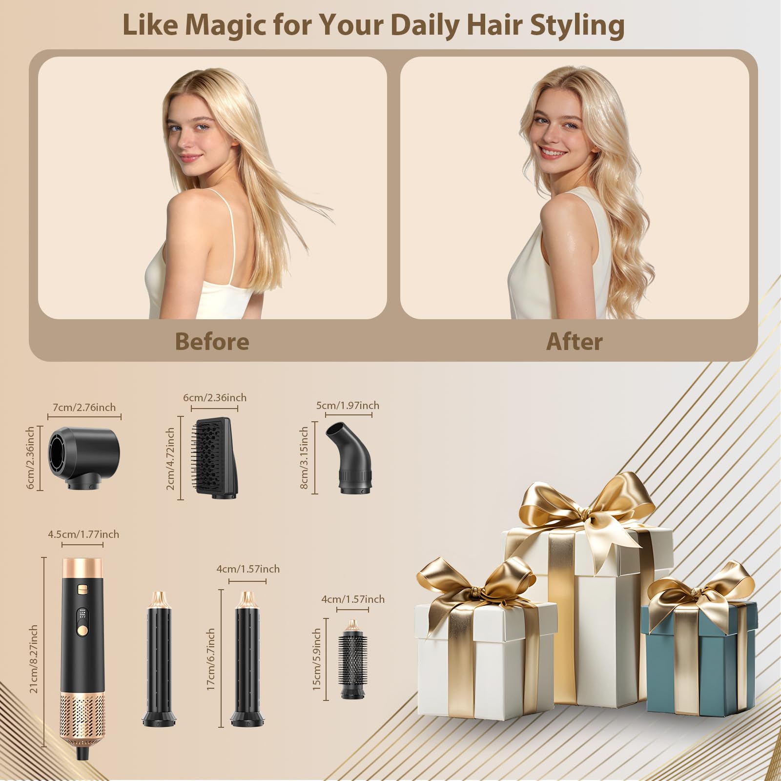 Sendowtek Cepillo Secador de Pelo 6 en 1, Hot Air Hair Styler con Aparatos para el Cabello Multifunción, Moldeador Secador de Aire Caliente con Rizador para Mujer Chica Ondulado y Secado