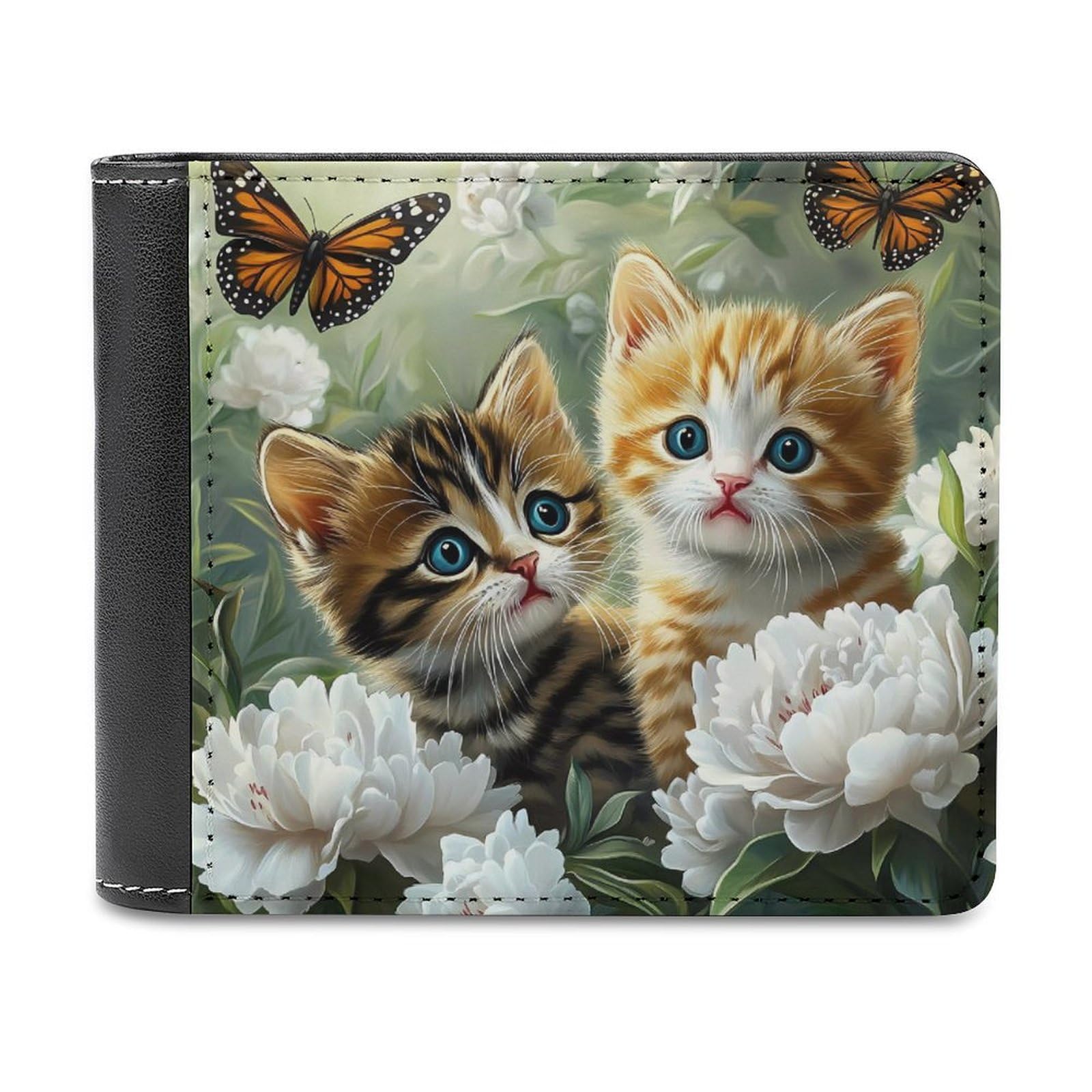 Kitten Playing Butterfly Bifold Wallet PU Leather Slim Purse Pocket Wallet with Card Holder for Women Men