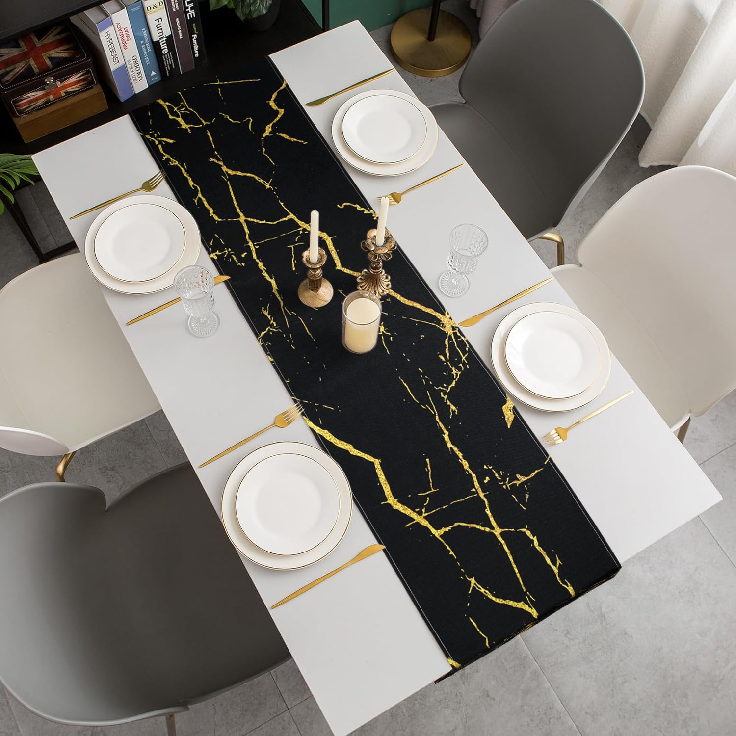 Tischläufer Modern Herbst Decorativo 40 x 140 cm Table Runner Schwarzer Marmor Goldene Textur Abstrakte Kunst Tischdecke Leinen für Esstisch Party Hochzeit Wohnzimmer Ostern Weihnachten Deco Küche, Haushalt & Wohnen
