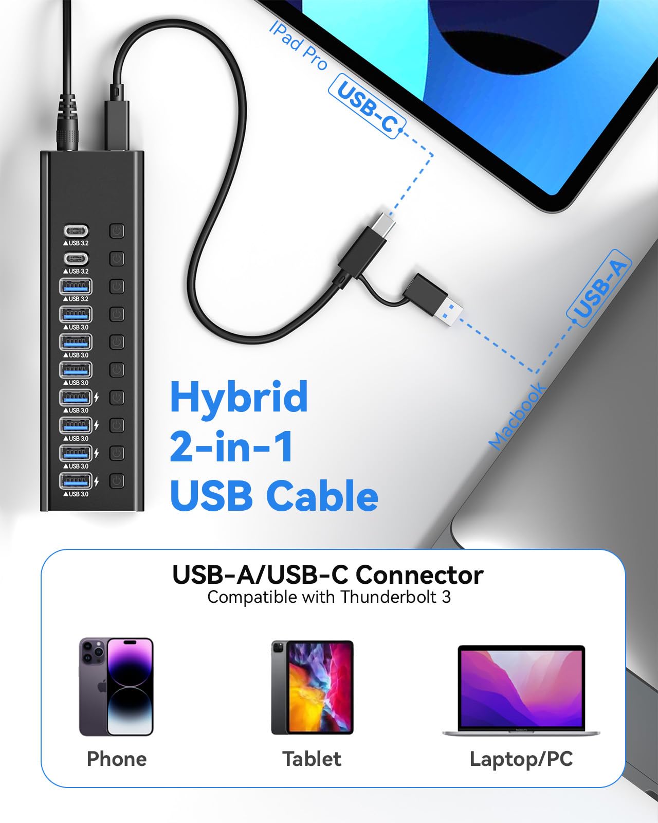Powered USB Hub 3.2, 10-Port USB3.2/USB C Hub (10Gbps USB-A 3.2 +2 USB-C 3.2 +7 USB 3.0 Ports) mit individuellen EIN/Aus-Schaltern und 12V Power Adapter, Aluminium USB Hub Powered für Laptop PC
