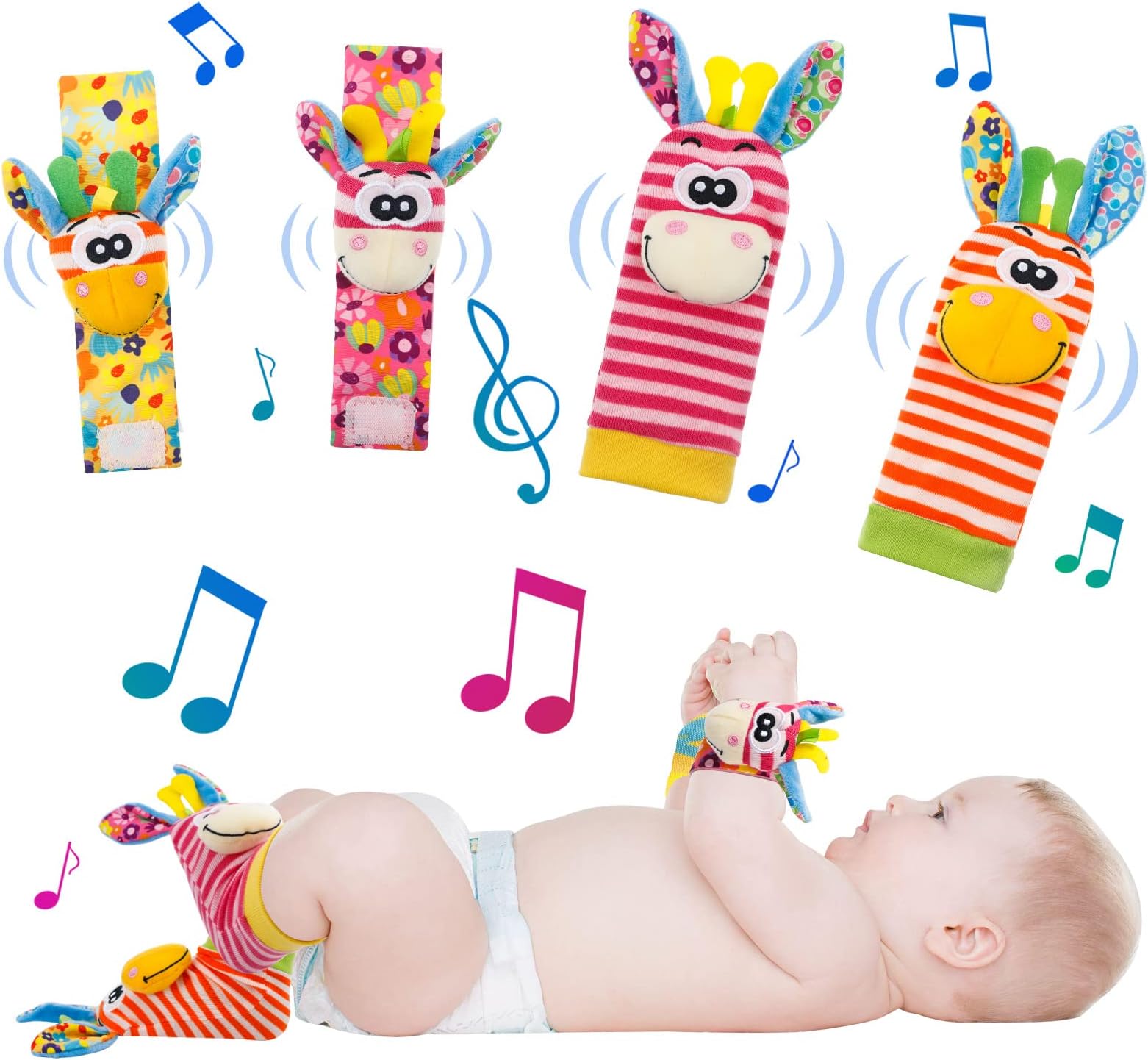 Baby Wrist Rattles & Foot Finders, Soft Animal Rattle Toys Newborn Infant Sensory Toys, Developmental Early Educational Toys for 0-12 Month Babies Boys Girls