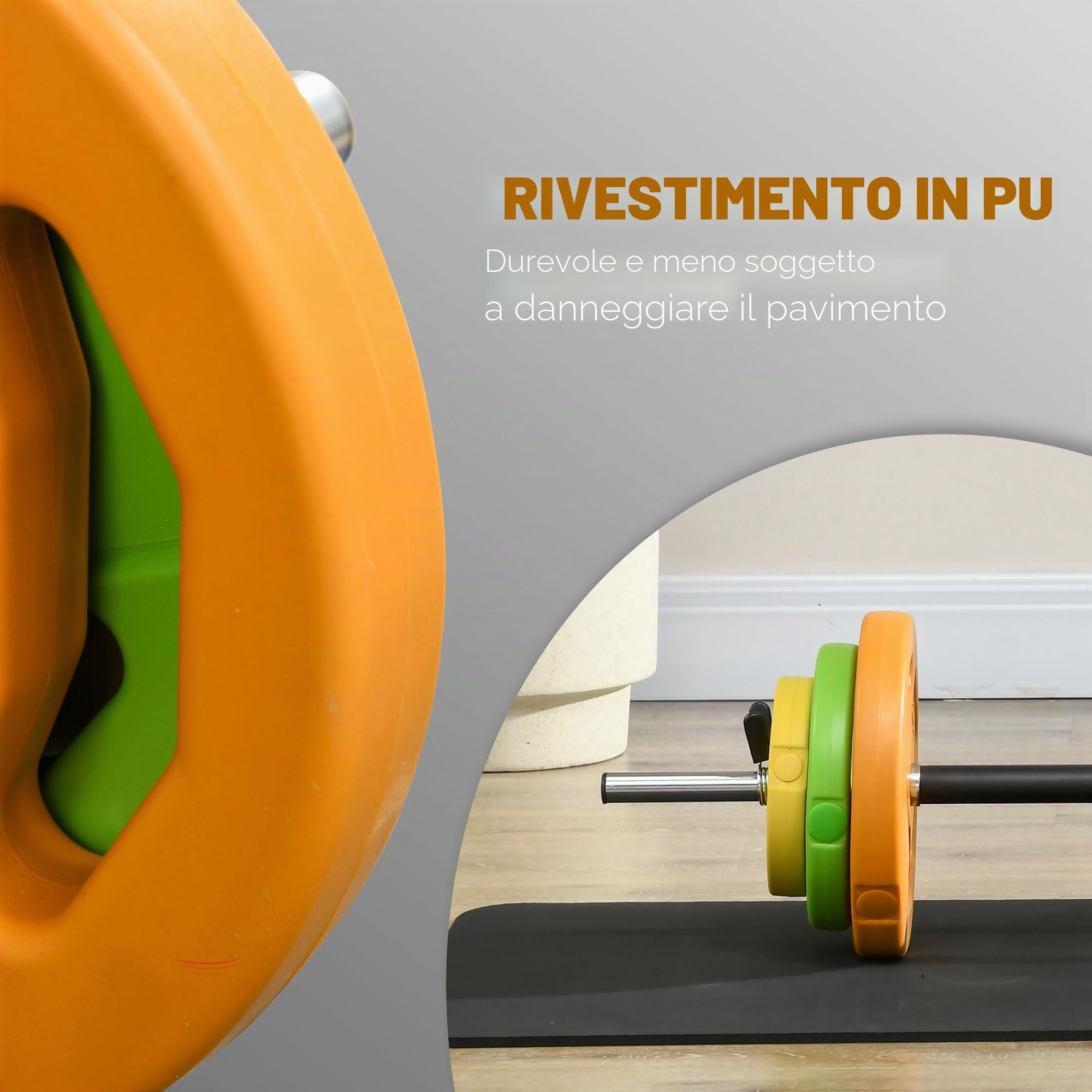 HOMCOM Set di Bilanciere e Dischi da 20 kg totali con 6 Pesi e 2 Clip di Fissaggio, Bilanciere Palestra Regolabile Antiscivolo in Metallo, PU e Sabbia, Barra Ø25 mm, 130x28x28 cm, Multicolore