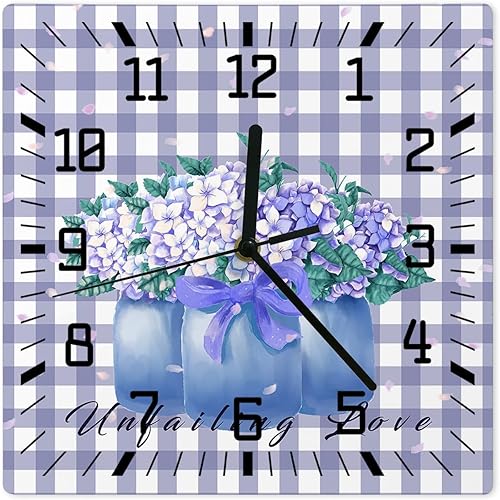 Purple Florals Vase Wooden Wall Clock Silent Non Ticking, Rustic Purple Buffalo Plaid Square Wall Clock Battery Operated, Decor Clock for Home