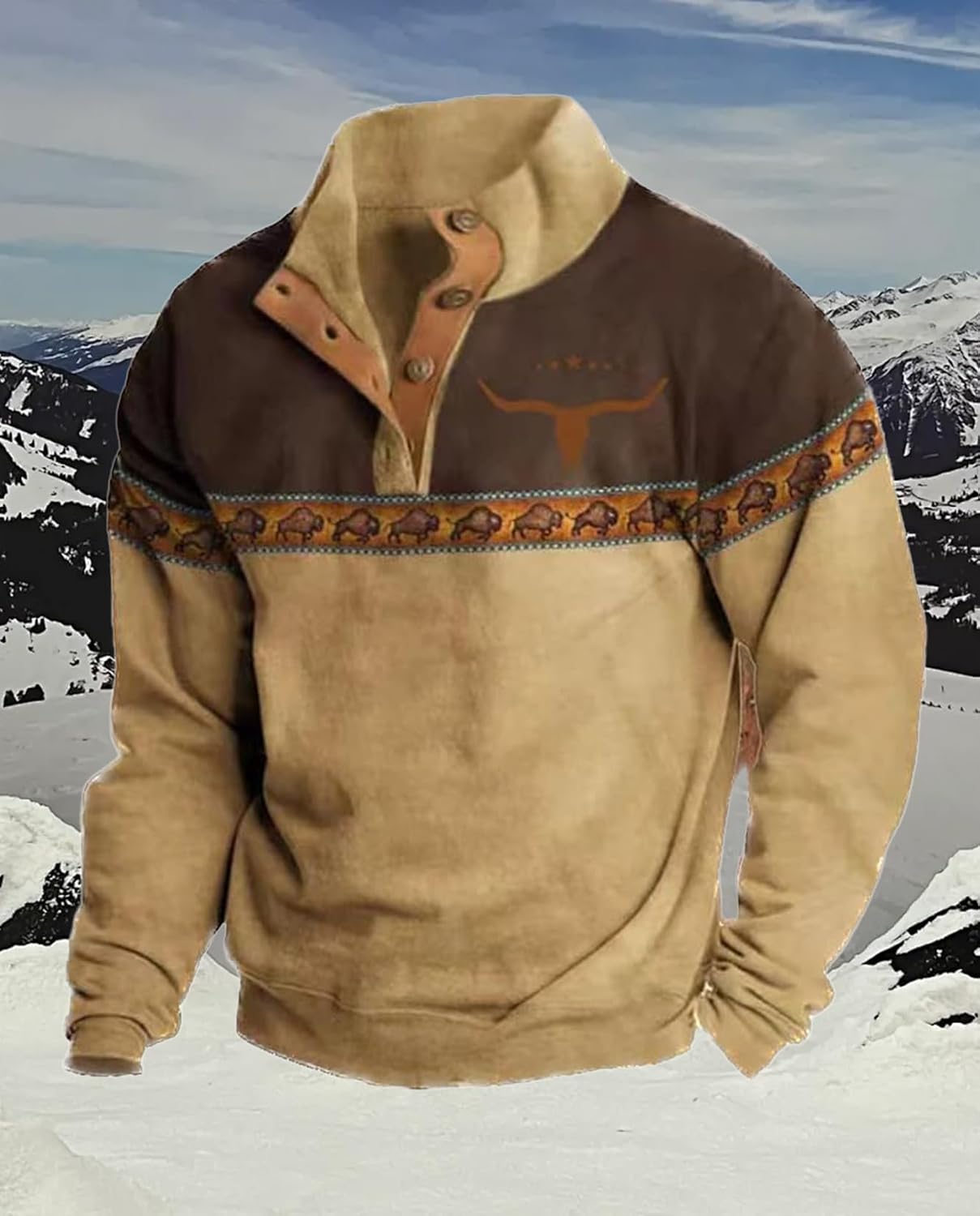 Western Sweatshirts for Men Aztec Retro Pullover Quarter Zip Sweatshirt Mens Stitching Color Fleece Sweatshirt - Image 5