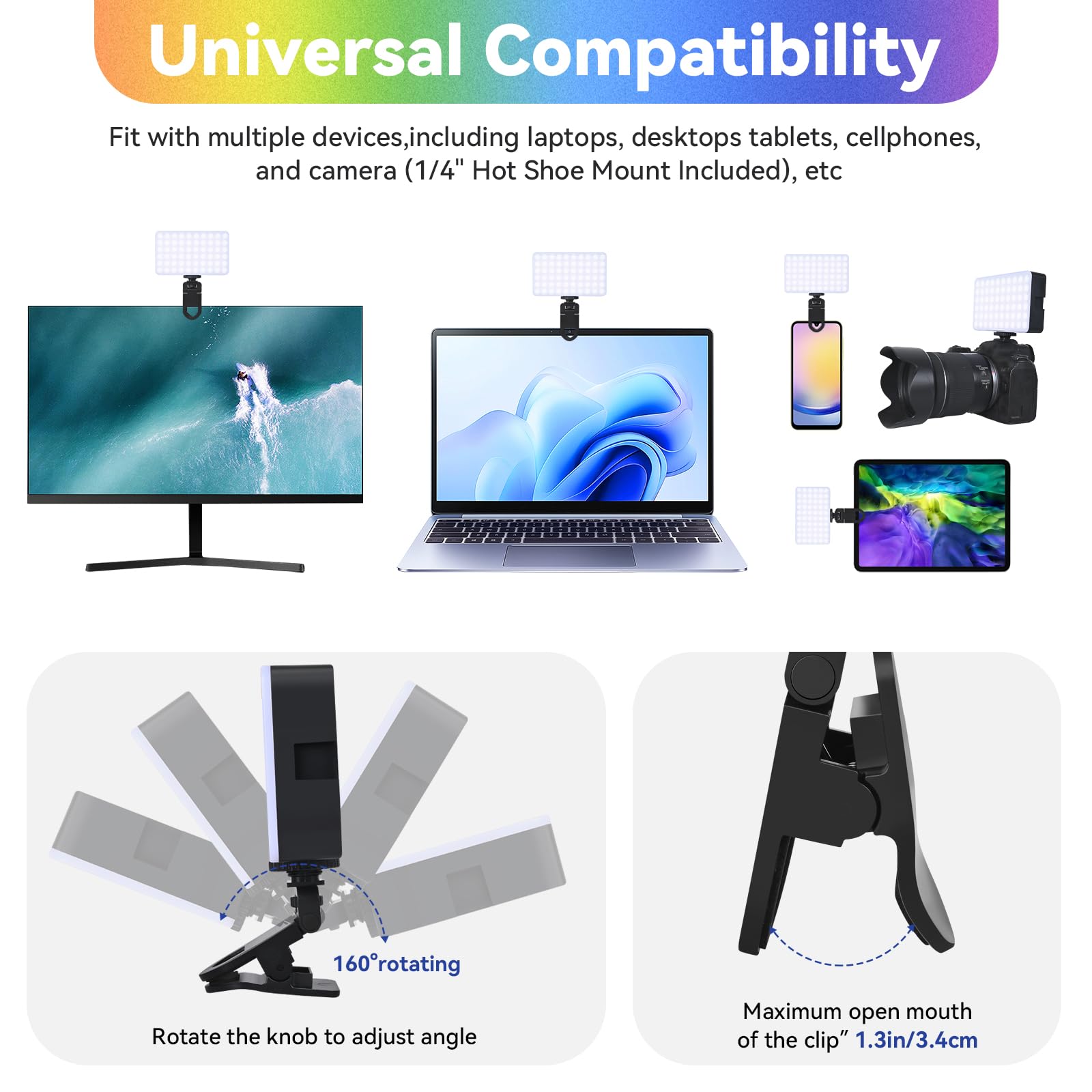 LED Video Conference Light with Clip, Rechargeable Selfie Fill Light for Phone Laptop, Portable Lighting for Zoom Calls