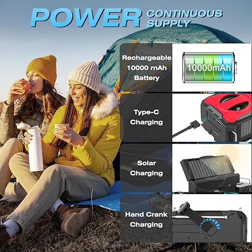 Miniatura 4 de Radio de emergencia de 10000 mAh, radio meteorológica NOAA con AMFM, 37000 mWh, carga USBsolarmanivela, linterna LED, alarma SOS, lámpara de lectura