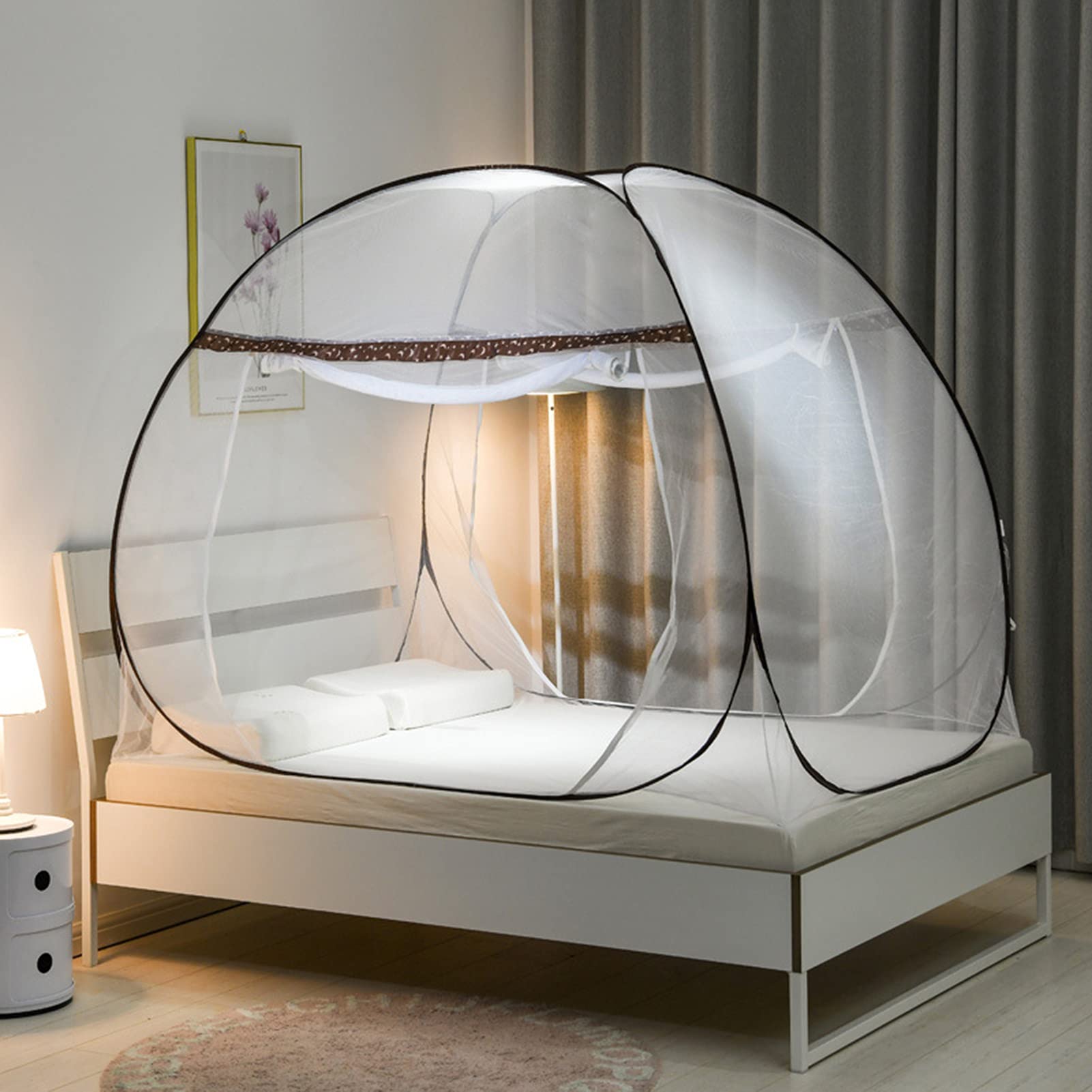 HAZARA Zanzariera Pieghevole A Baldacchino, Portatile, Da Viaggio, Per Letto Singolo/Matrimoniale, Porta 2 in Poliestere Misto, Pop-Up Tenda Da Campeggio,Marrone,2 * 2.2M
