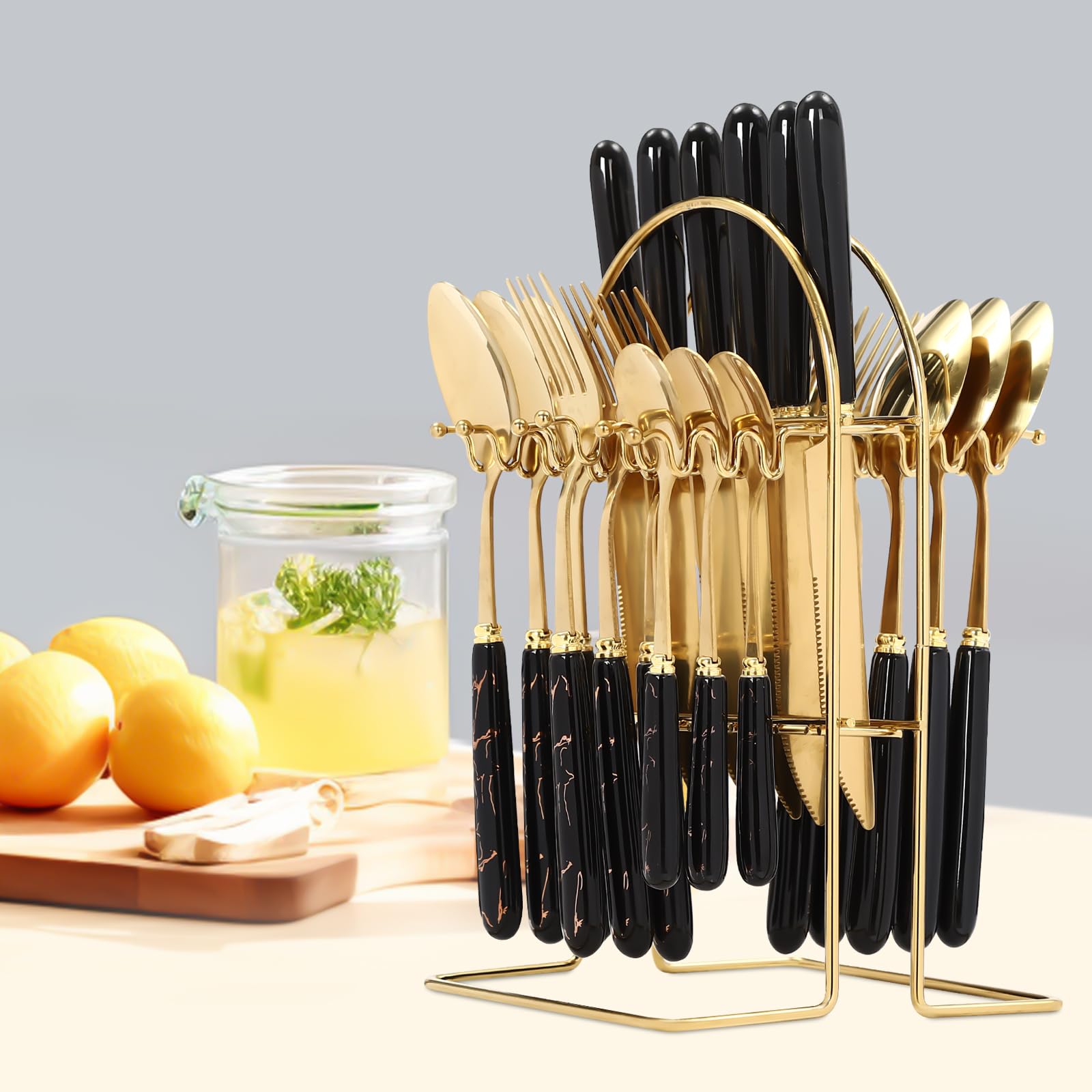 Juego de cubiertos de 24 piezas de acero inoxidable con soporte, hasta 6 personas, para familiares, reuniones de amigos, banquetes de vacaciones, bodas, etc.