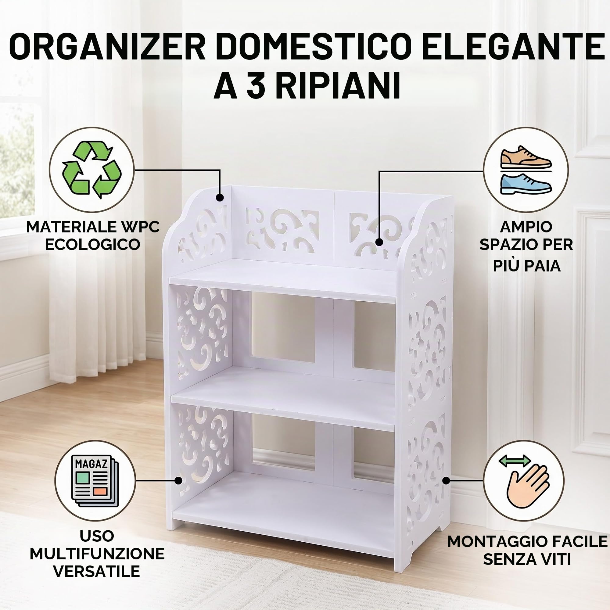 Wakects Scarpiera da Ingresso, Scaffale Portascarpe in PVC Bianco, 3 Ripiani, Motivo Traforato, per Scarpe Libri CD