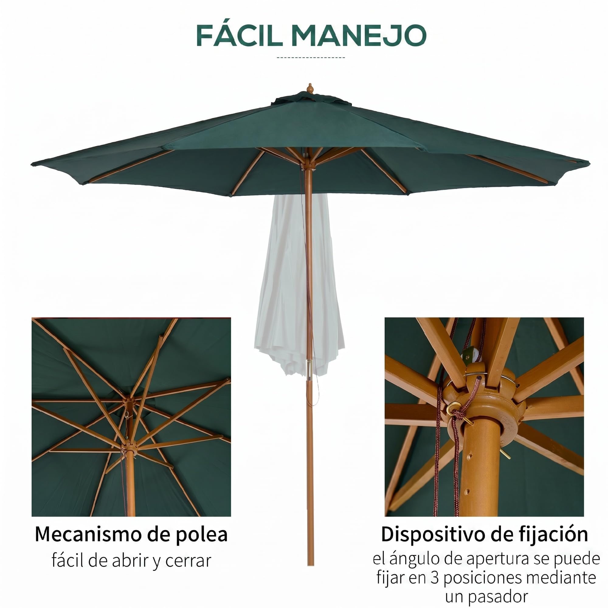 Outsunny Sombrilla Ø300x250 cm Parasol Poste de Madera 8 Varillas Verde | Sistema de Poleas, con Fijación, Jardín Patio Terraza Exterior