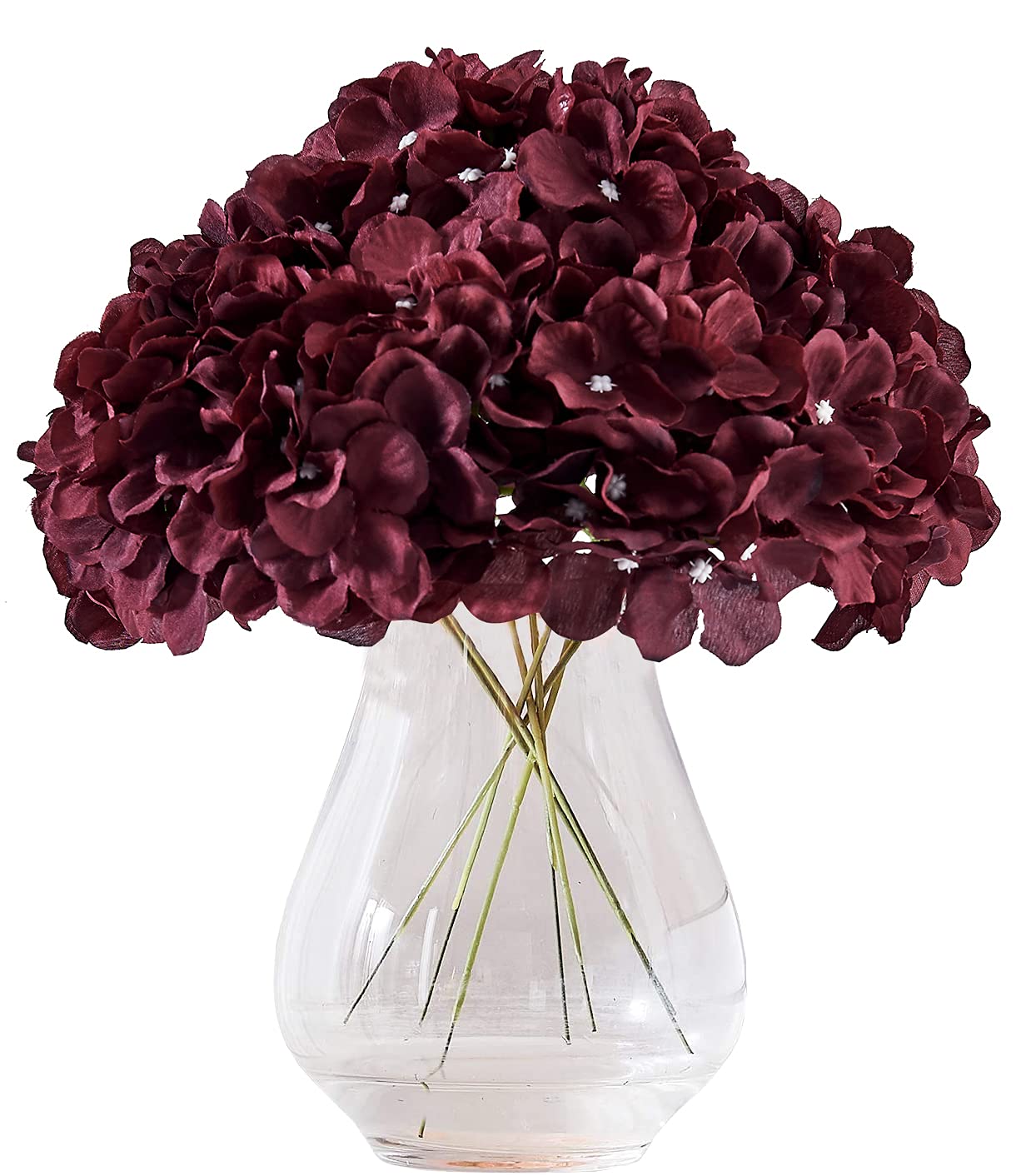 KISLOHUM Artificial Hydrangea Flower Heads Hydrangea Silk Flowers Head for Wedding Centerpieces Bouquets DIY Floral Decor Home Decoration,Pack of 10 with Log Stems (Dark Burgundy)