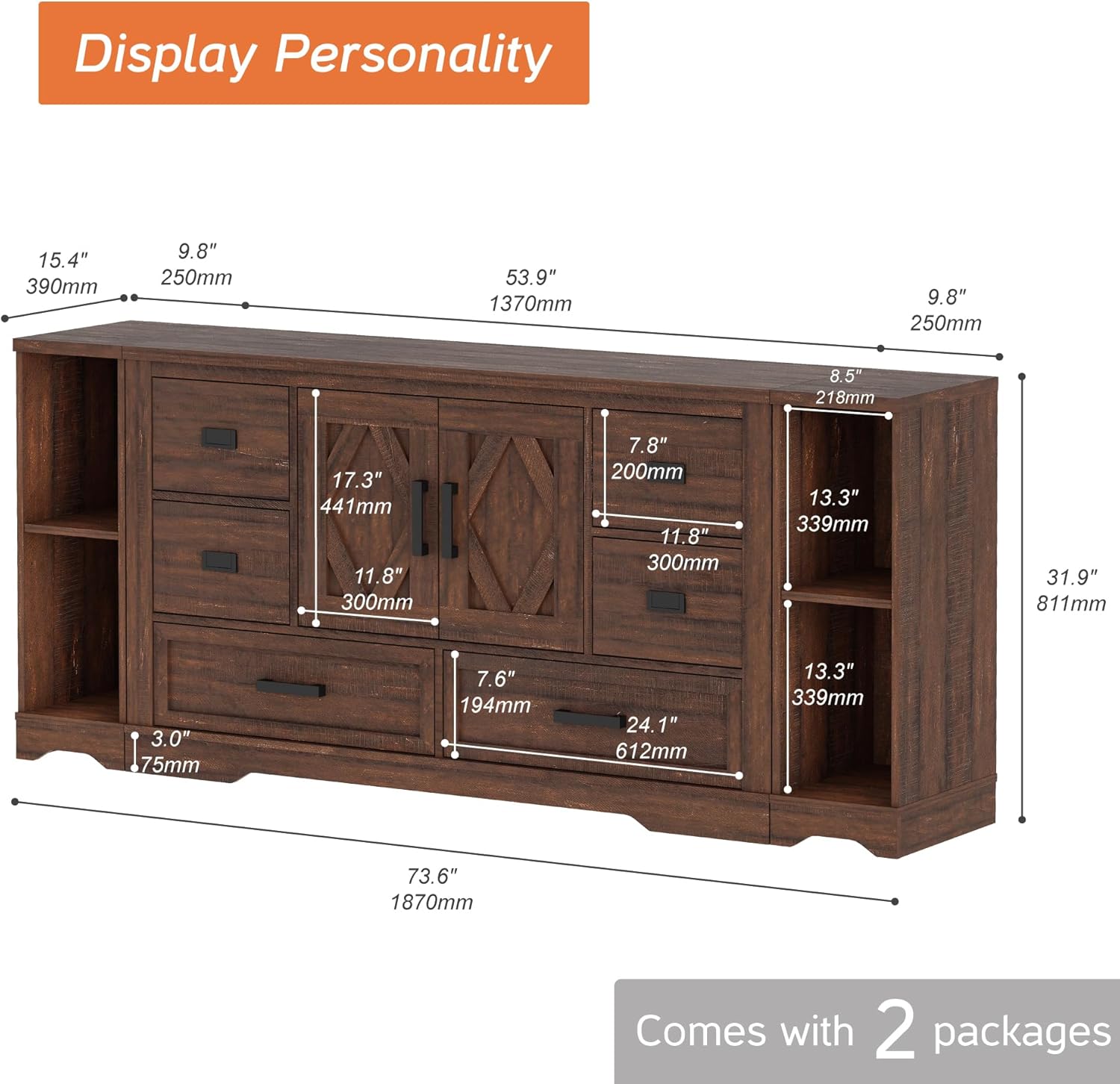 WAMPAT Farmhouse 3 in 1 TV Stand for up to 75 inch TV,Wooden Entertainment Center with 6 Drawers and 2 Barn Doors, Long TV Console Table with Adjustable Shelves for Living Room,Bedroom,Rustic Brown