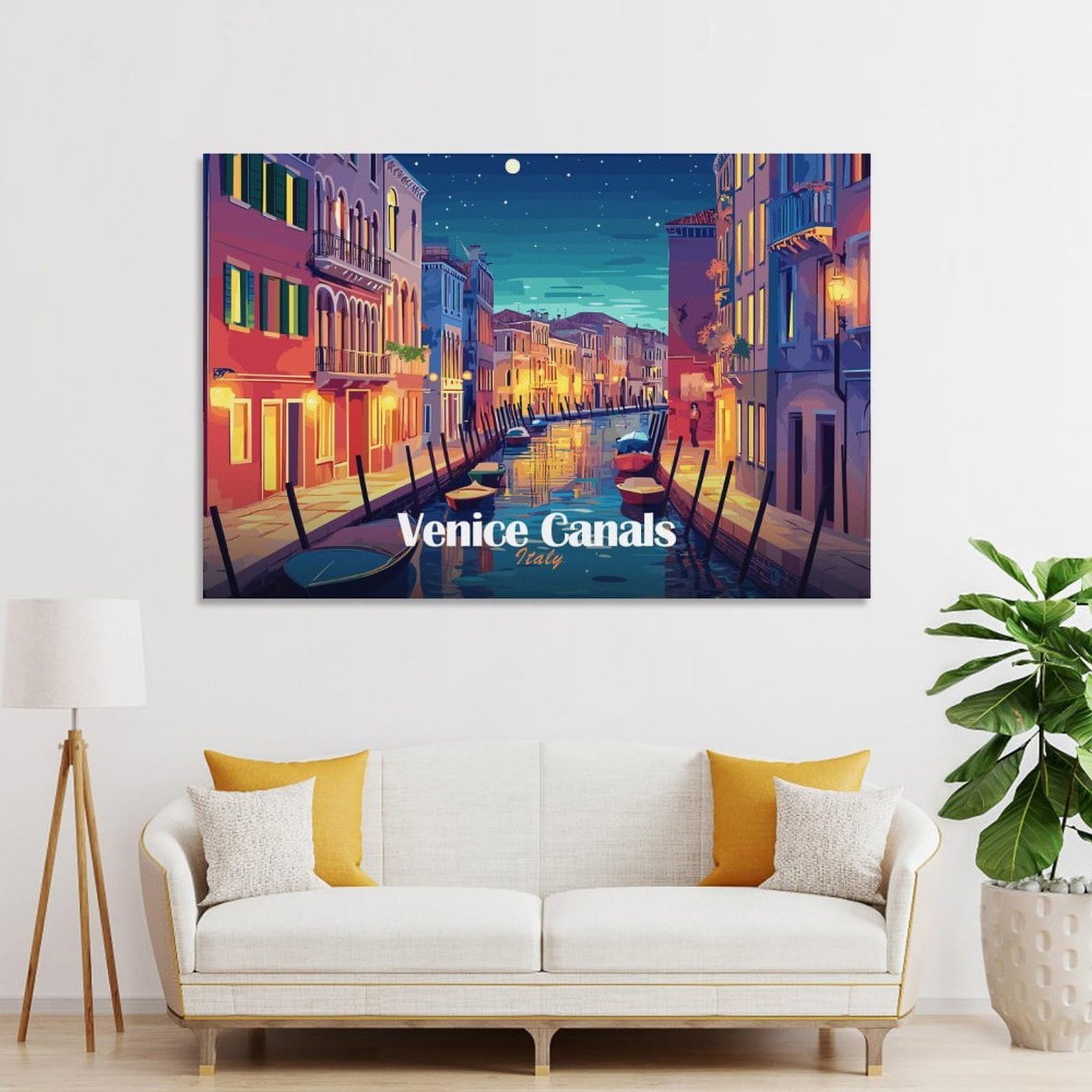 Junmoney Venice Canals Italy Night Wall Art Print, 12x18inch(30x45cm), for Office, Study Or Home Workspace, Decorative Artwork for Productive Spaces