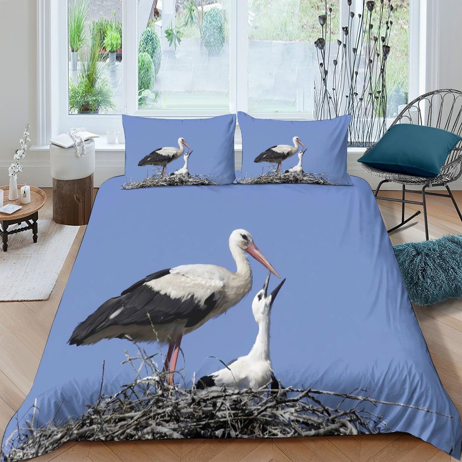 Ctjqhvkz Style-1 3D Printed Stork Nest Fitted Sheet Microfiber Blue Bird Family Mattress Cover For Bedroom Guest Room Decor Washable Single（135X200cm）