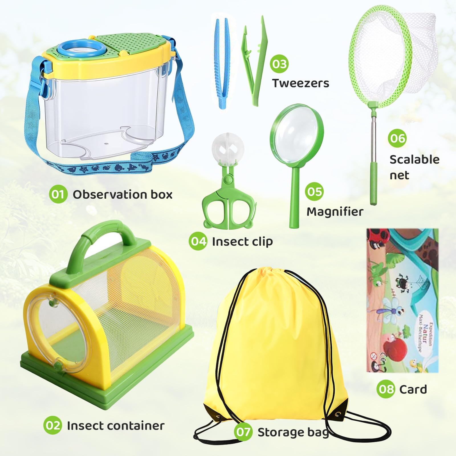 Conjunto Explorador al Aire Libre Kit de Exploración para Niños, Incluye Red para Mariposas, Recipiente para Insectos, Atrapador de Insectos, Caja de Observación, Pinzas para Insectos
