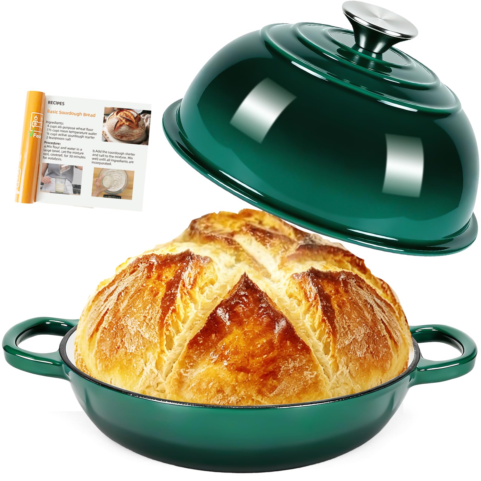 AHJ Dutch Oven For Sourdough Bread Baking, 26cm/5.7L Enameled Cast Iron Dutch Oven, Non-Stick Sourdough & Casserole Dish, Casserole Pot for Bread Baking, Roasting, Braising & Frying (Green)