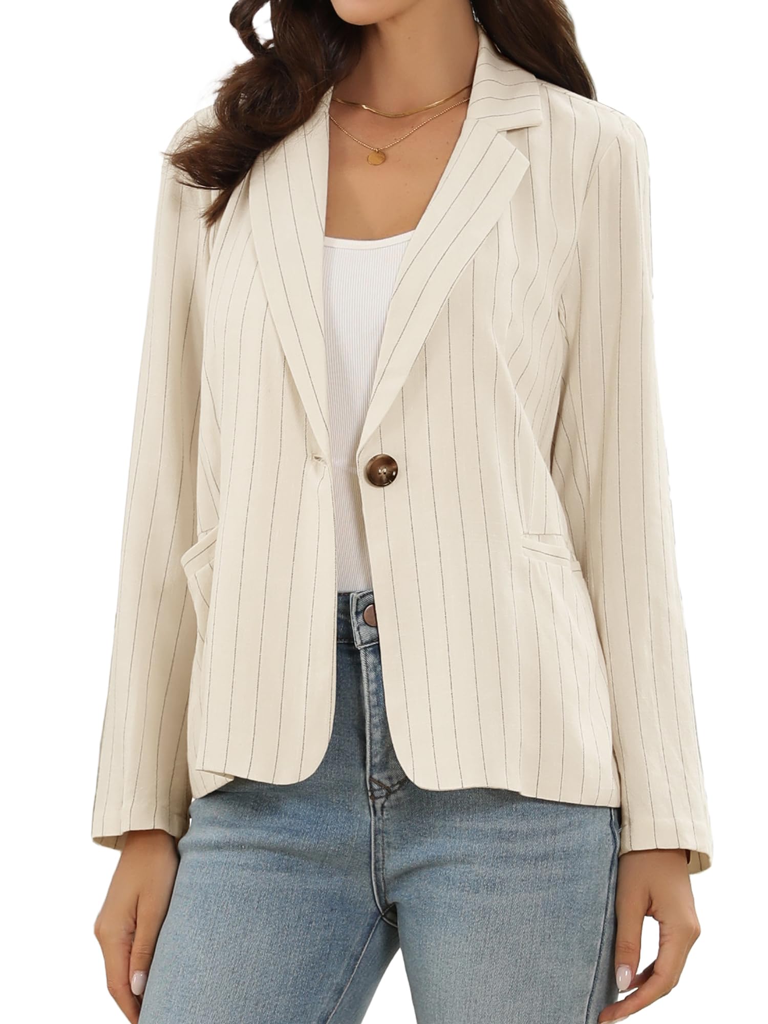 Allegra K Blazer for Women Striped Notched Collar Long Sleeve Single Button Business Casual Suit Jacket with Pockets