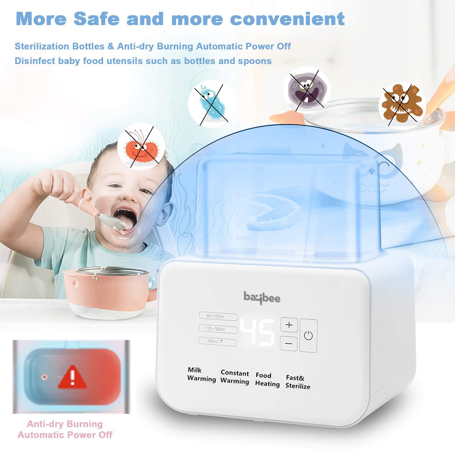 Image showing the bottle warmer sterilizing bottles and baby utensils, with an 'Anti-dry Burning Automatic Power Off' feature highlighted.